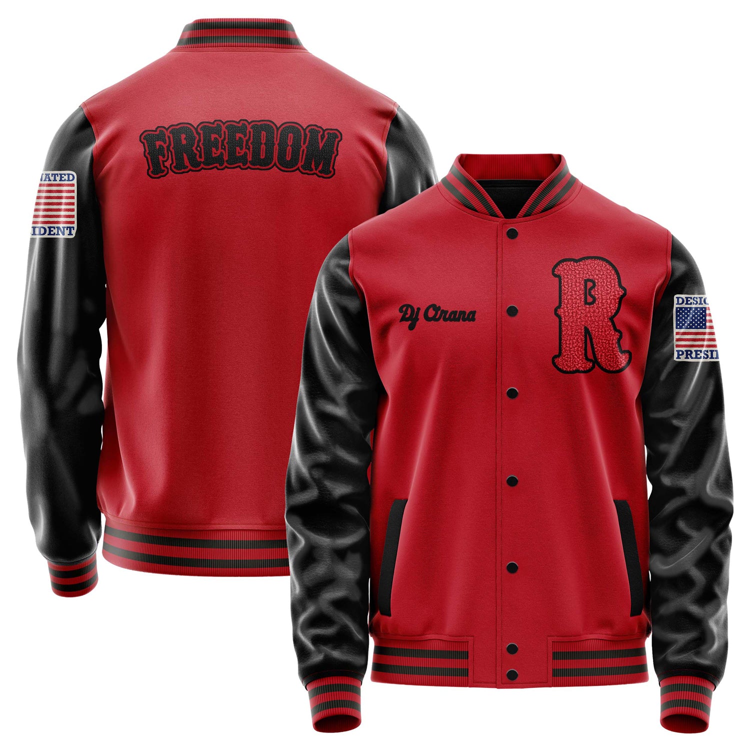 Custom Red Varsity Jacket Patches Black Leather Sleeves - Designated President