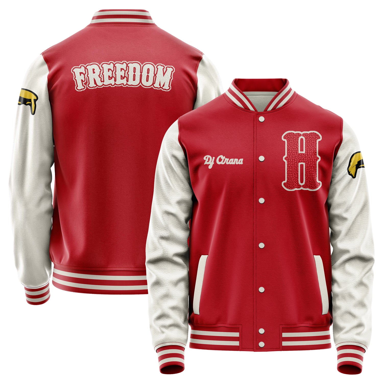 Custom Red Varsity Jacket Patches Beige Leather Sleeves - Fun Avatar