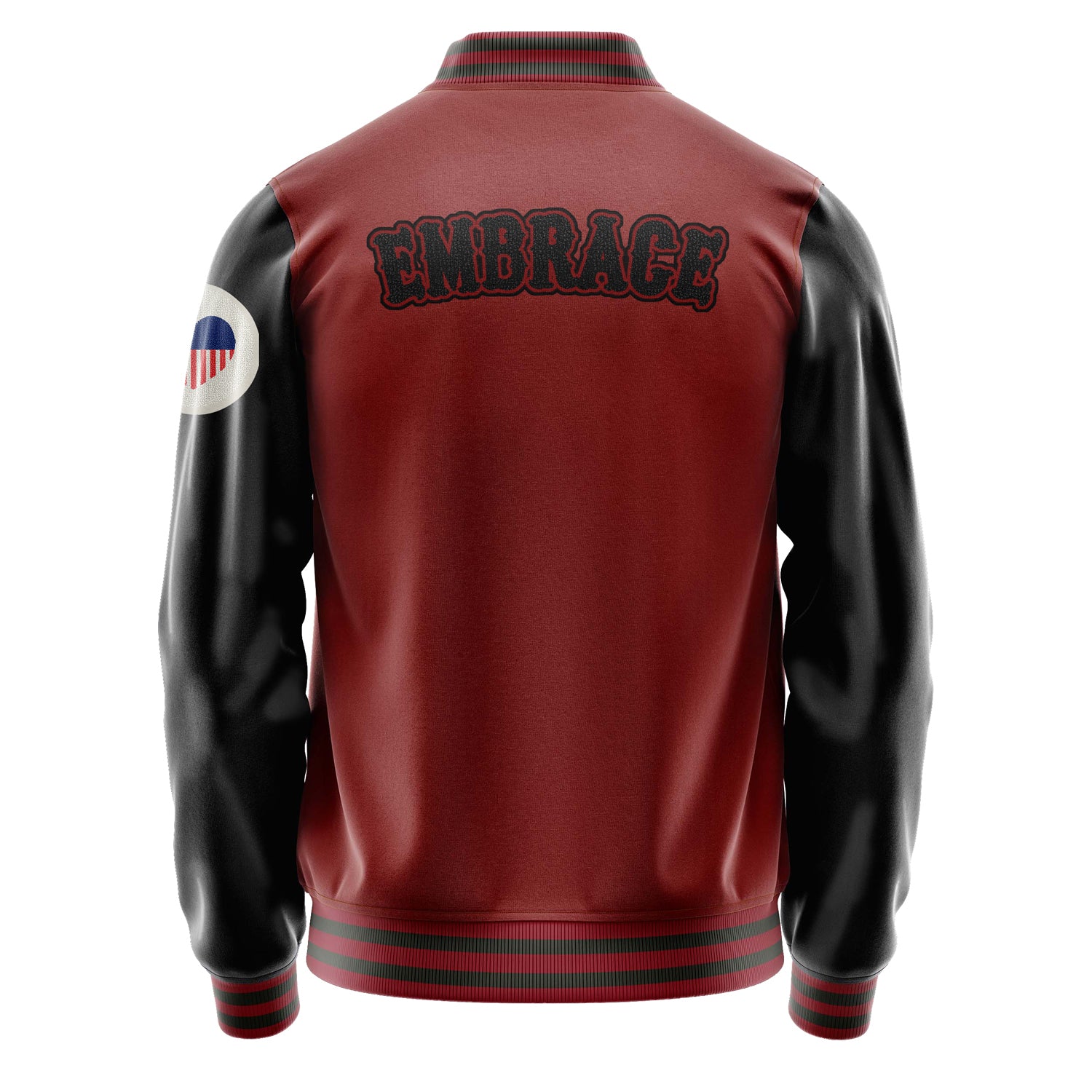 Custom Dark Red Varsity Jacket Patches Black Leather Sleeves - USA lOVE