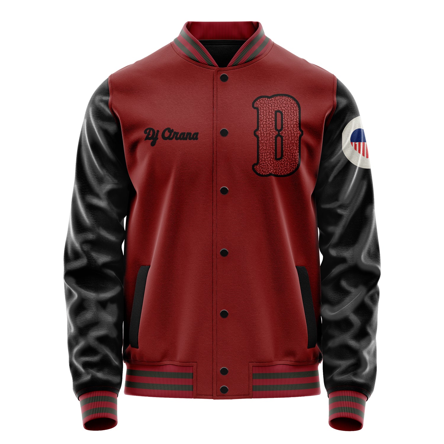 Custom Dark Red Varsity Jacket Patches Black Leather Sleeves - USA lOVE