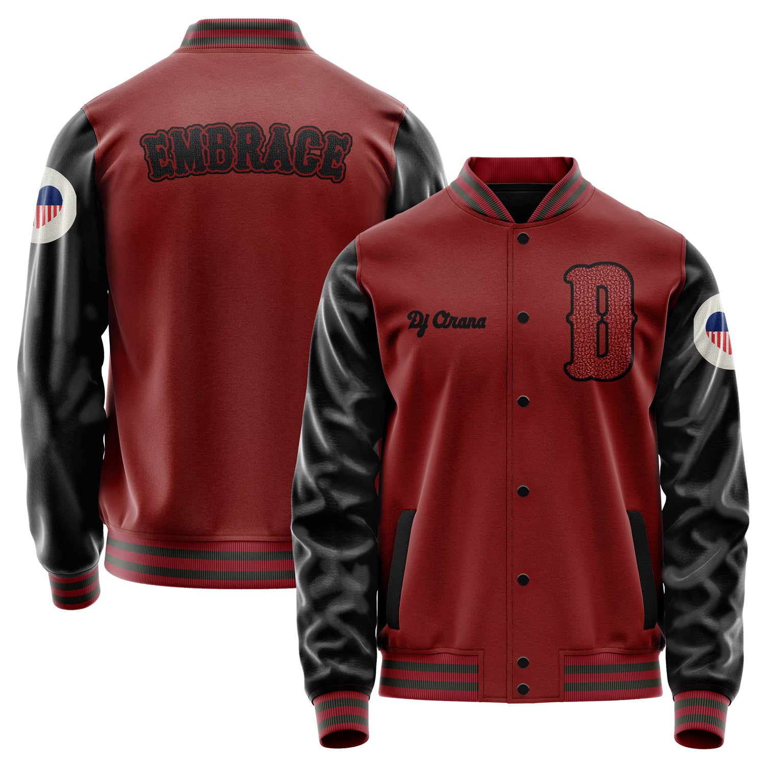 Custom Dark Red Varsity Jacket Patches Black Leather Sleeves - USA lOVE