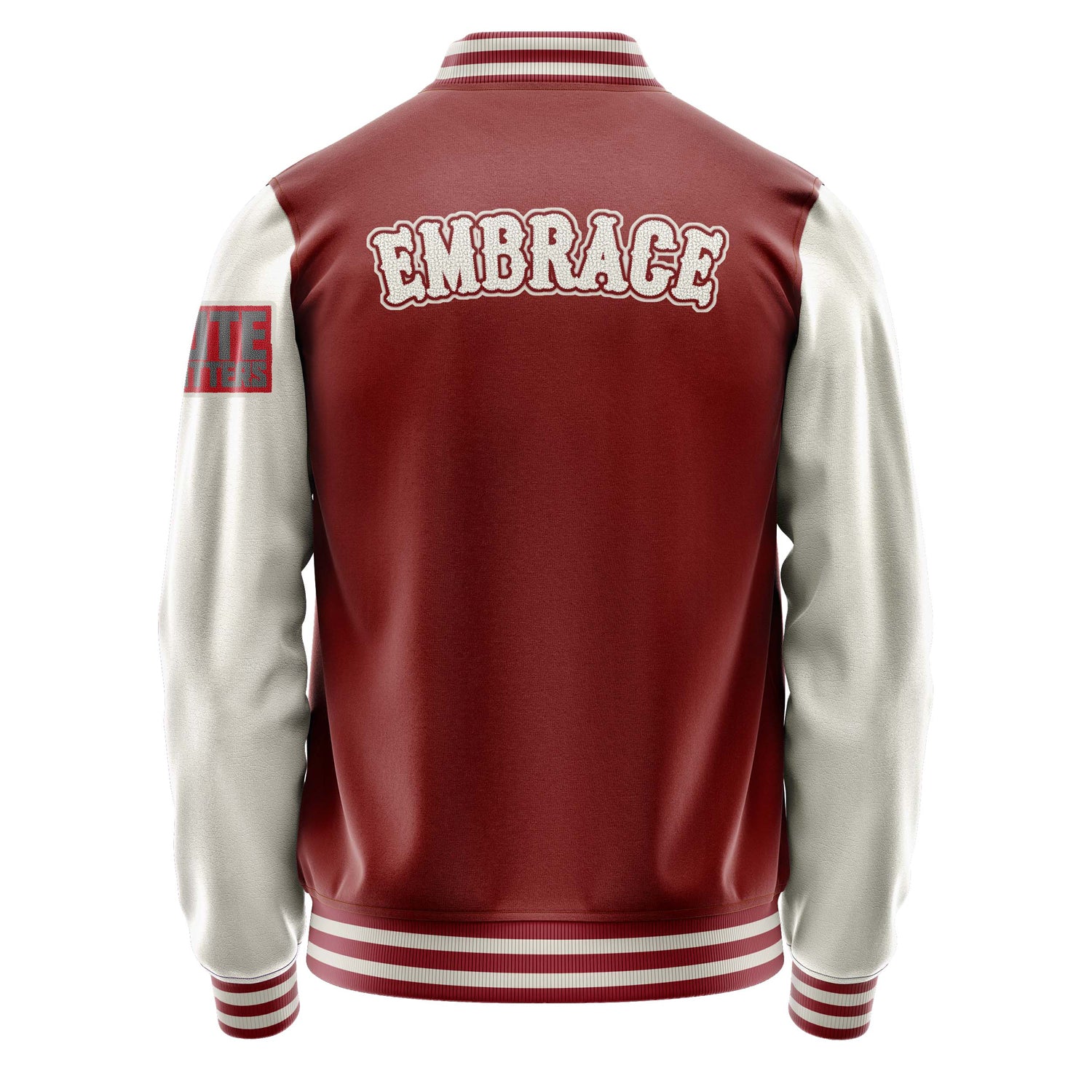 Custom Dark Red Varsity Jacket Patches Beige Leather Sleeves - VOTE