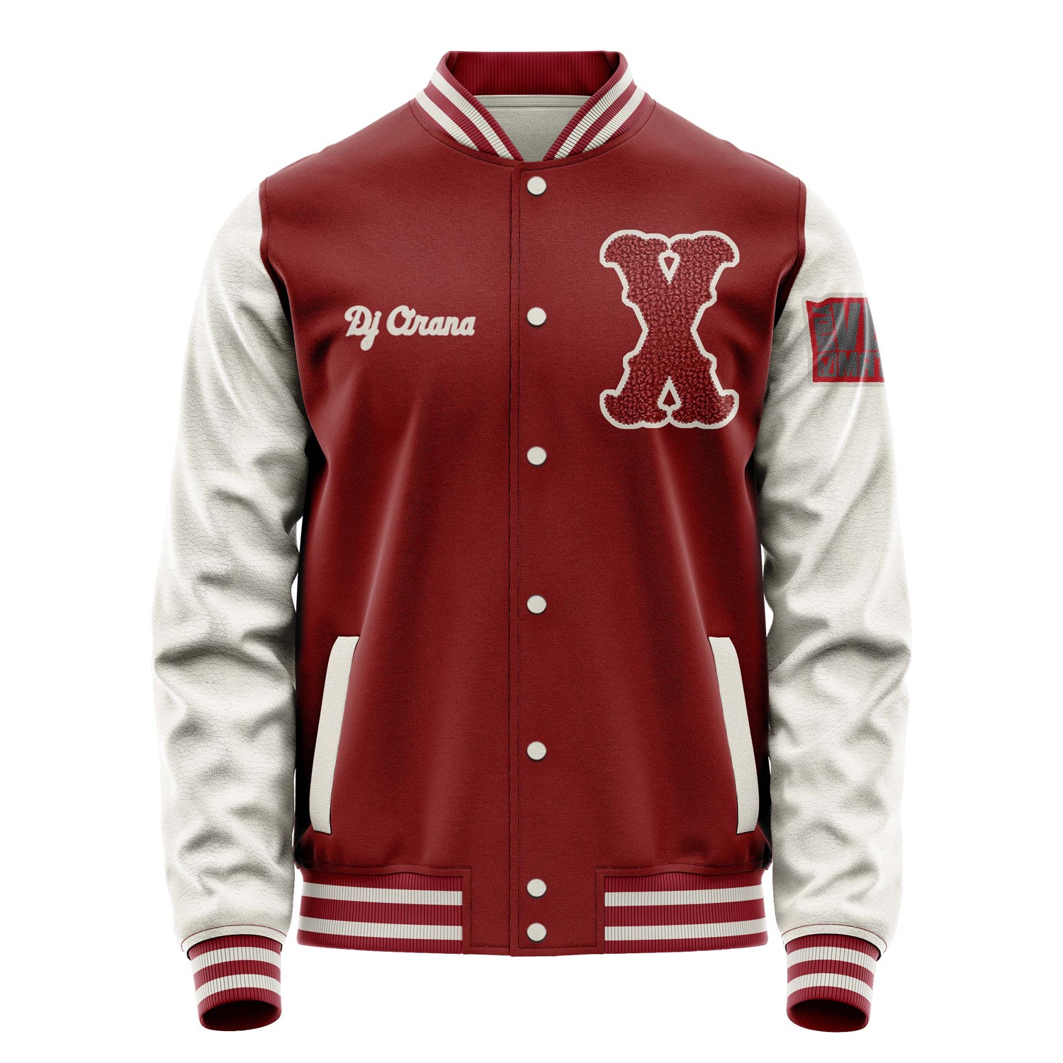 Custom Dark Red Varsity Jacket Patches Beige Leather Sleeves - VOTE