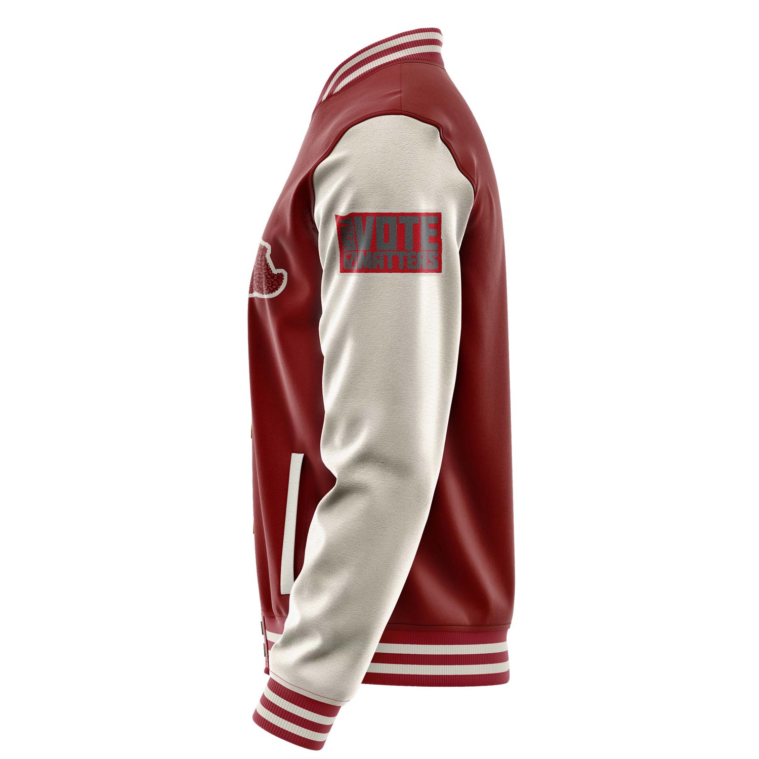 Custom Dark Red Varsity Jacket Patches Beige Leather Sleeves - VOTE