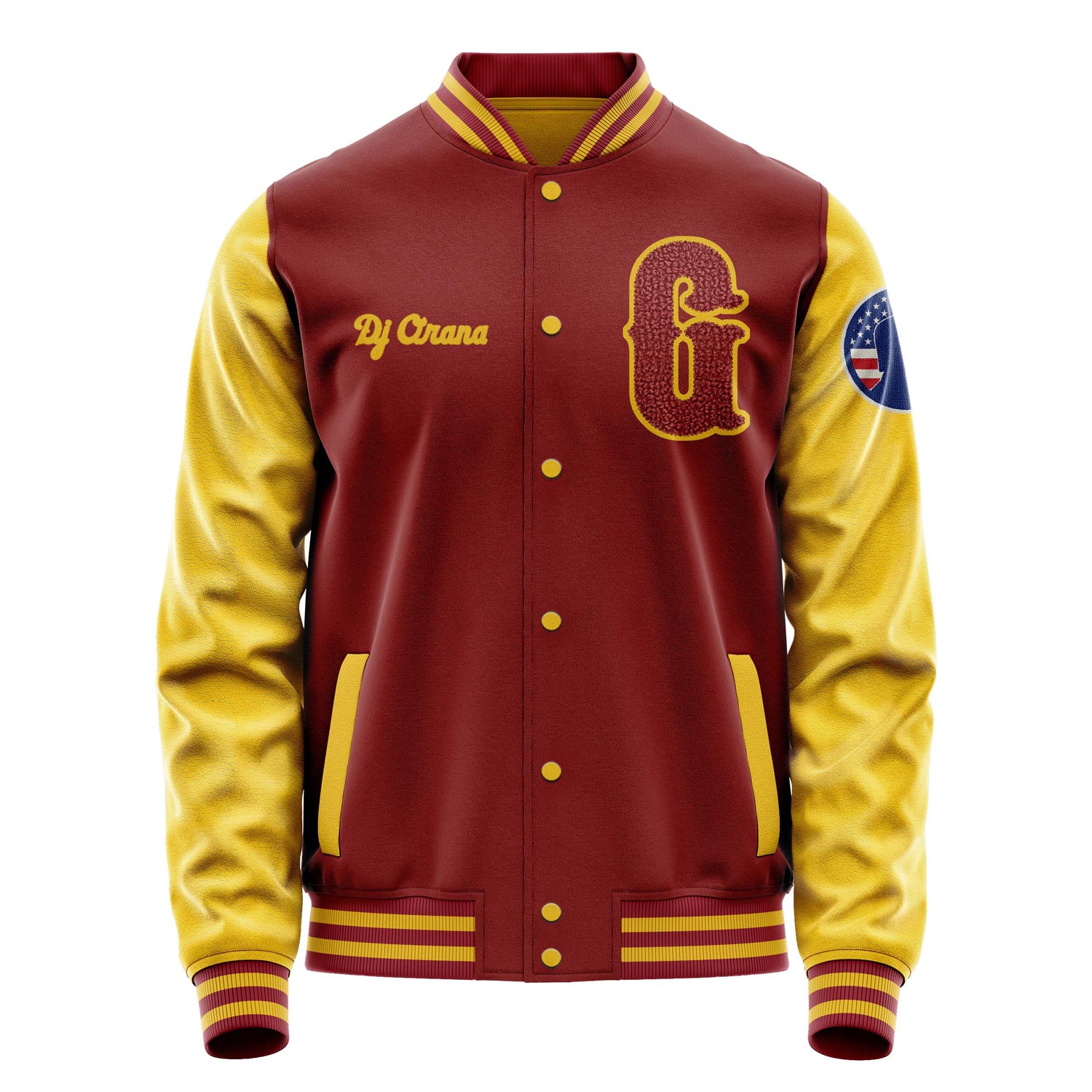 Custom Dark Red Varsity Jacket Patches Egg Yellow Leather Sleeves - Silhouette badge