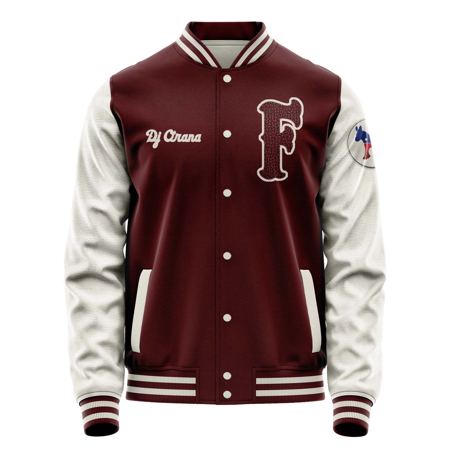 Custom Wine Red Varsity Jacket Patches Beige Leather Sleeves - Democrats Donkey