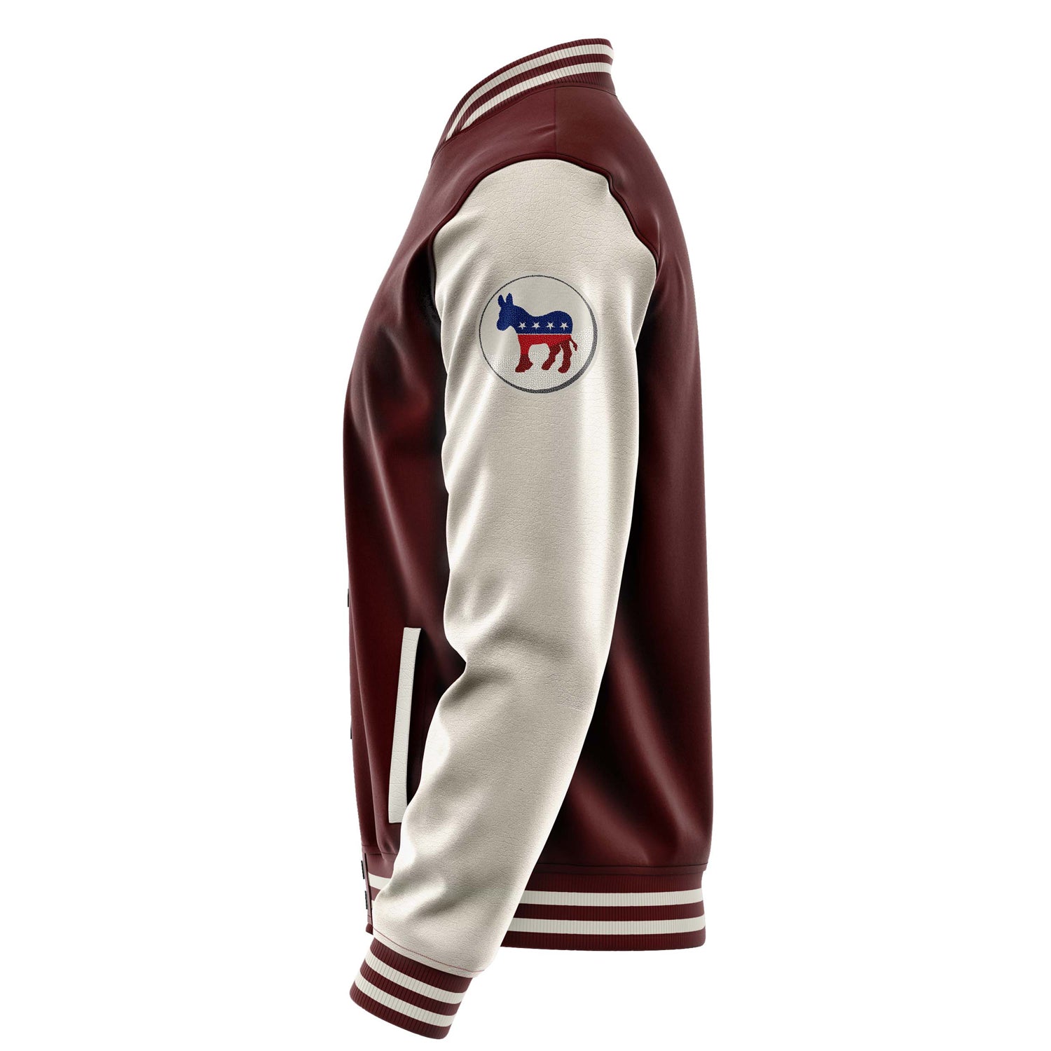 Custom Wine Red Varsity Jacket Patches Beige Leather Sleeves - Democrats Donkey