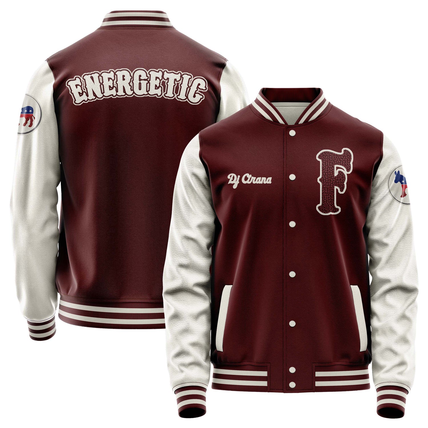 Custom Wine Red Varsity Jacket Patches Beige Leather Sleeves - Democrats Donkey