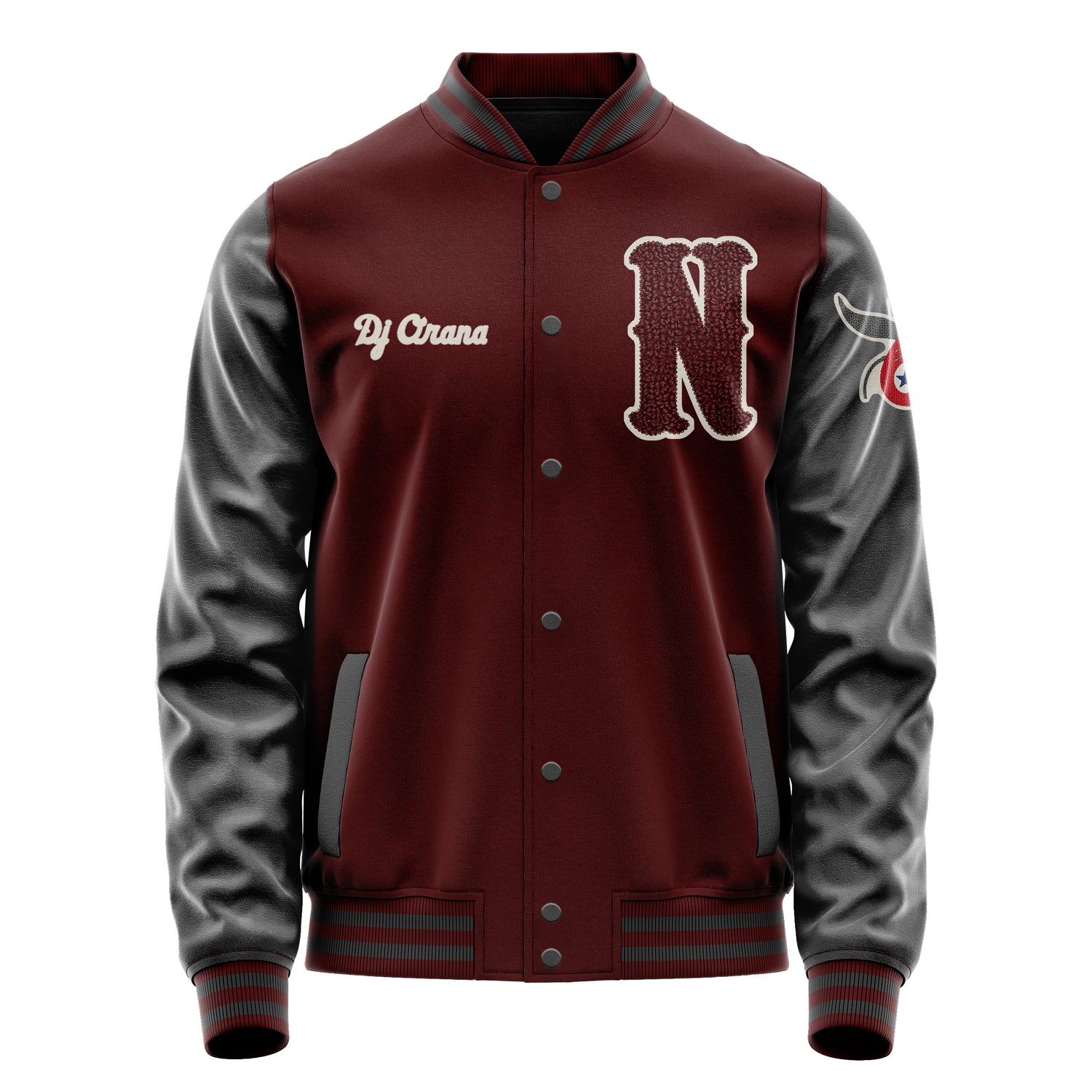 Custom Wine Red Varsity Jacket Patches Dark Gray Leather Sleeves - Emblem Badge Logo