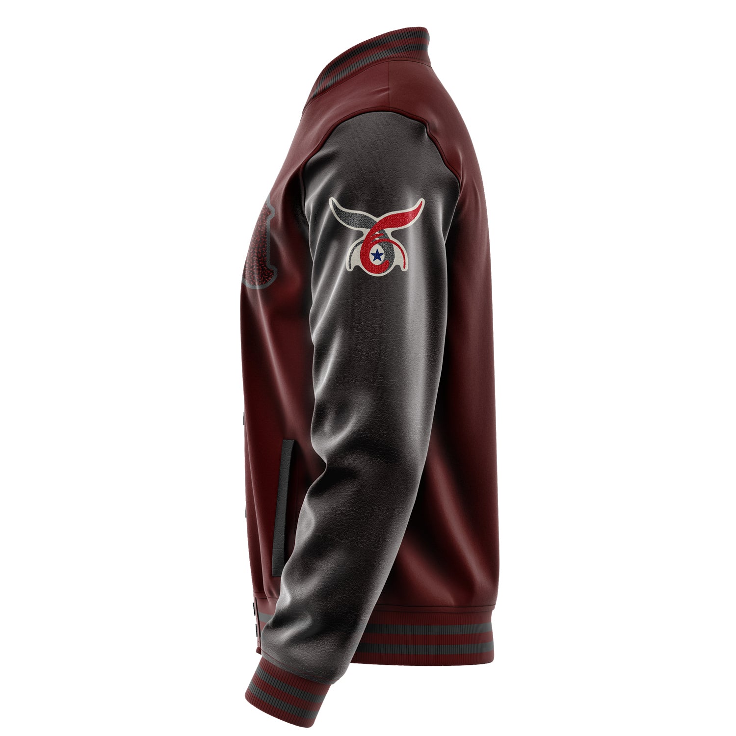 Custom Wine Red Varsity Jacket Patches Dark Gray Leather Sleeves - Emblem Badge Logo
