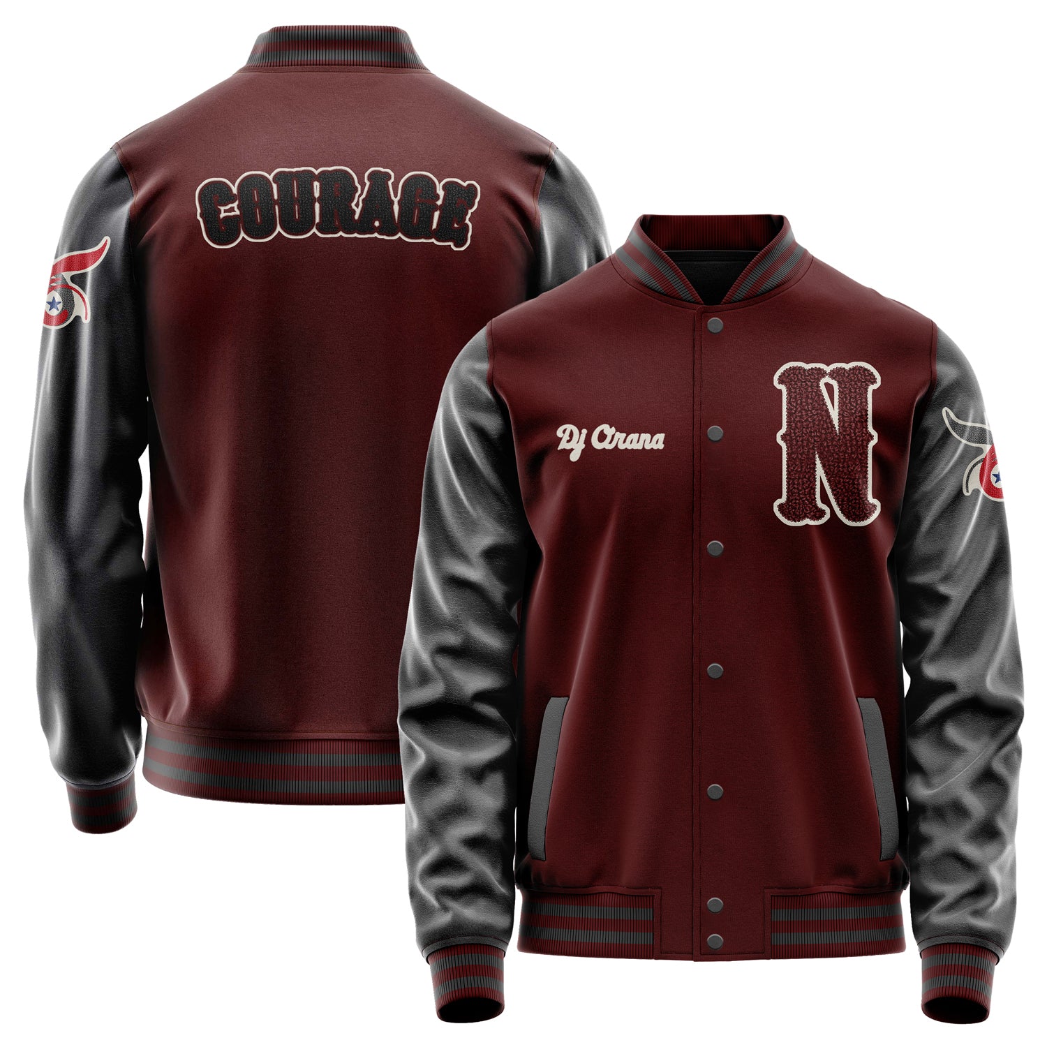 Custom Wine Red Varsity Jacket Patches Dark Gray Leather Sleeves - Emblem Badge Logo