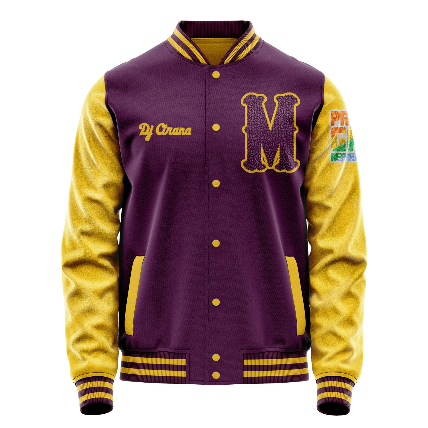 Custom Purple Varsity Jacket Patches Egg Yellow Leather Sleeves - Proud Gay Republican