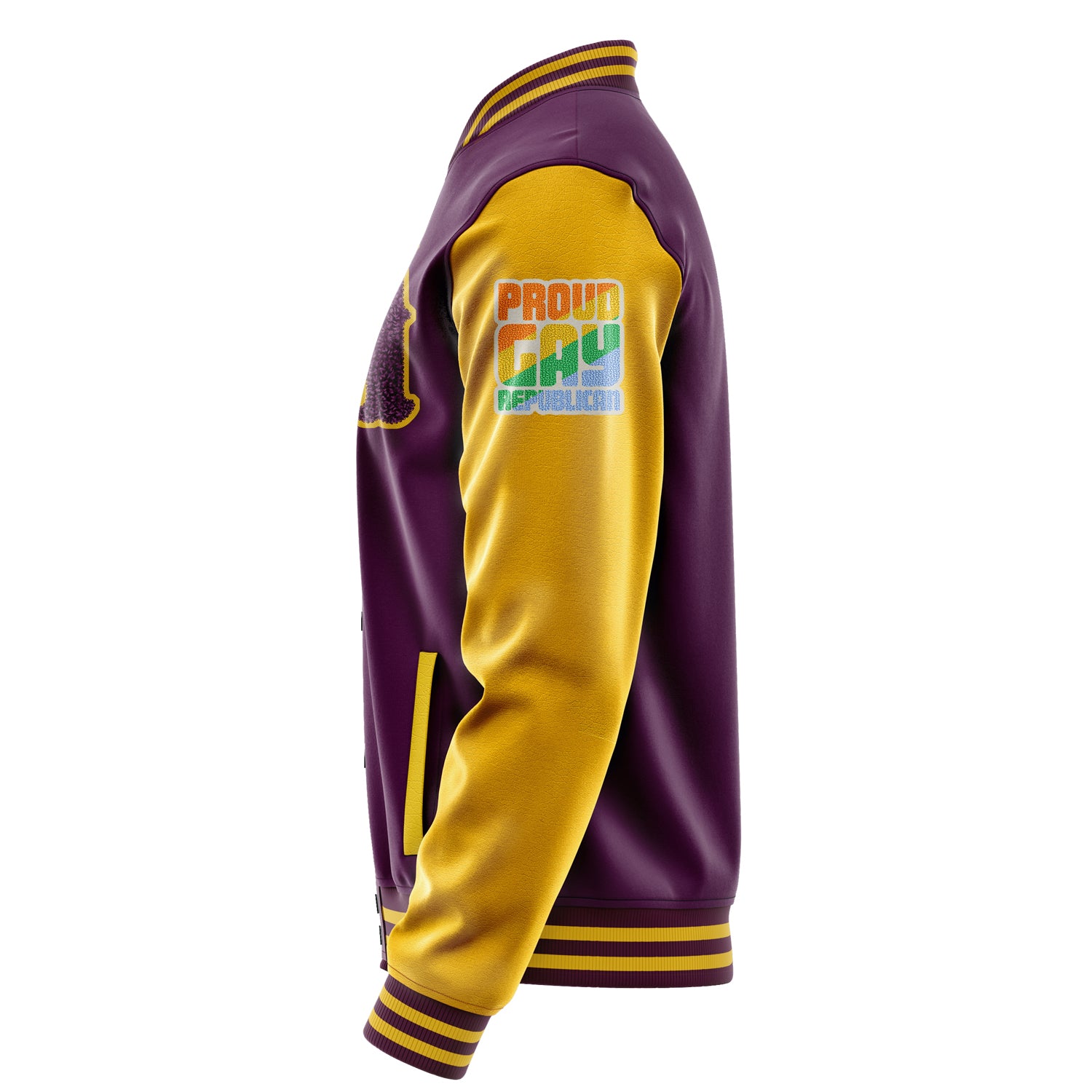 Custom Purple Varsity Jacket Patches Egg Yellow Leather Sleeves - Proud Gay Republican