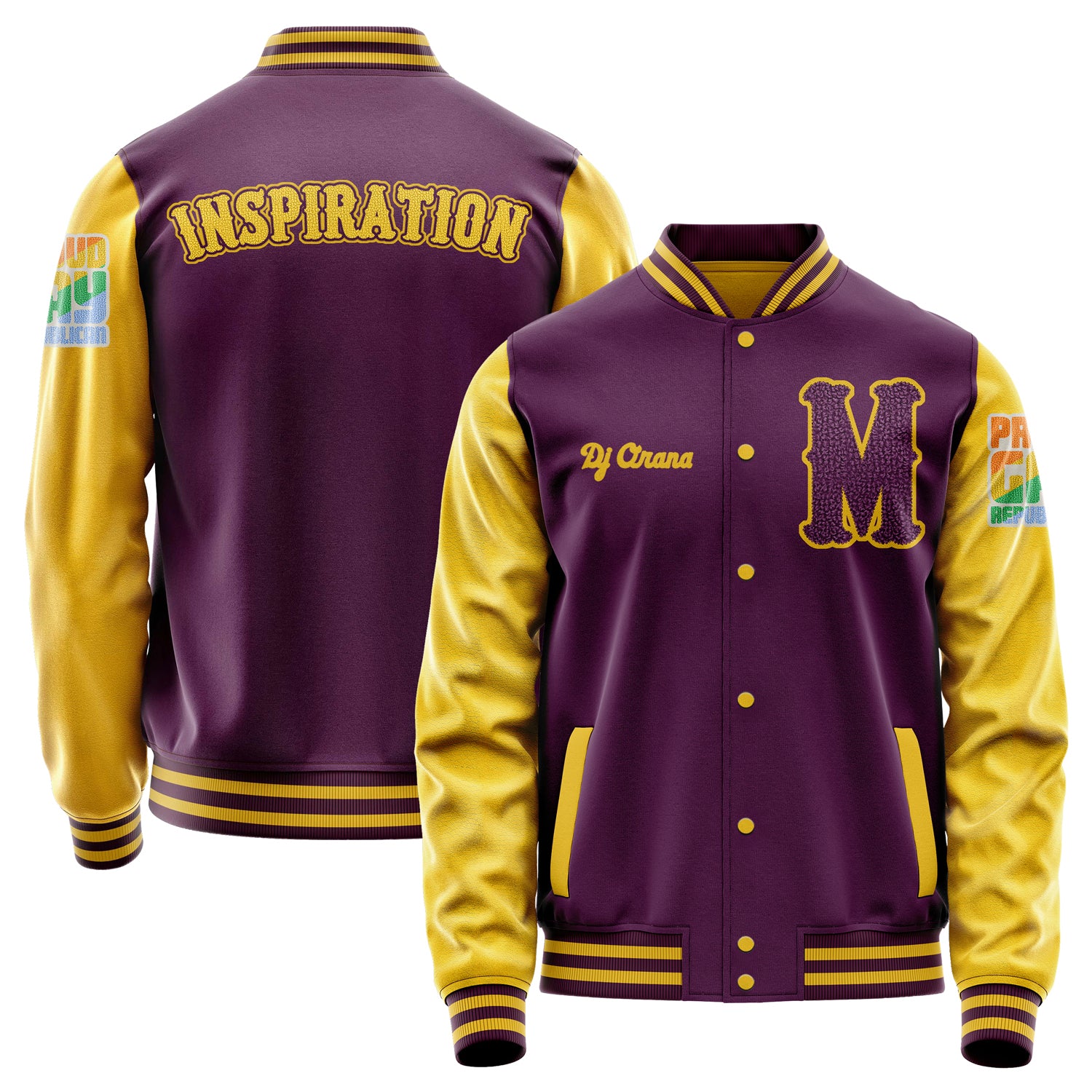 Custom Purple Varsity Jacket Patches Egg Yellow Leather Sleeves - Proud Gay Republican