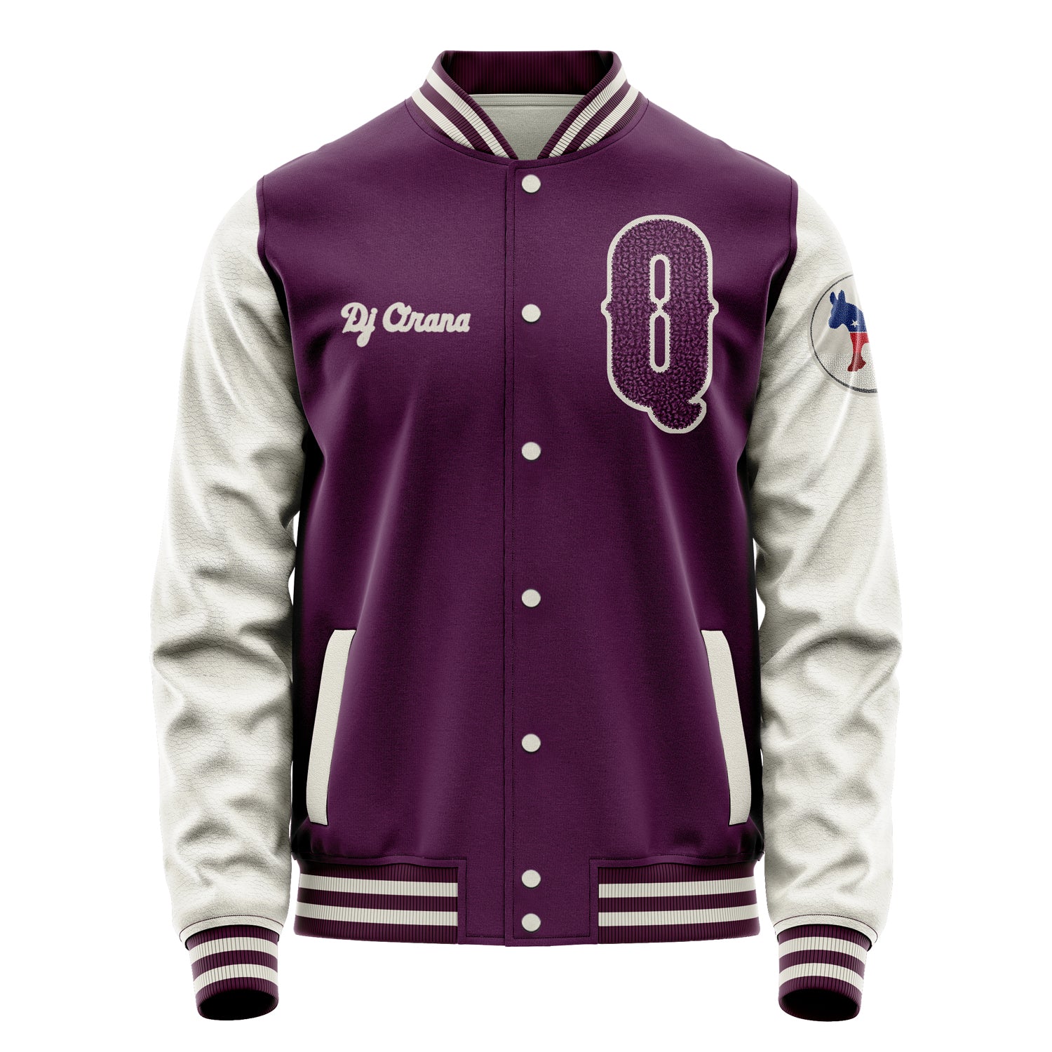 Custom Purple Varsity Jacket Patches Beige Leather Sleeves - Democrats Donkey