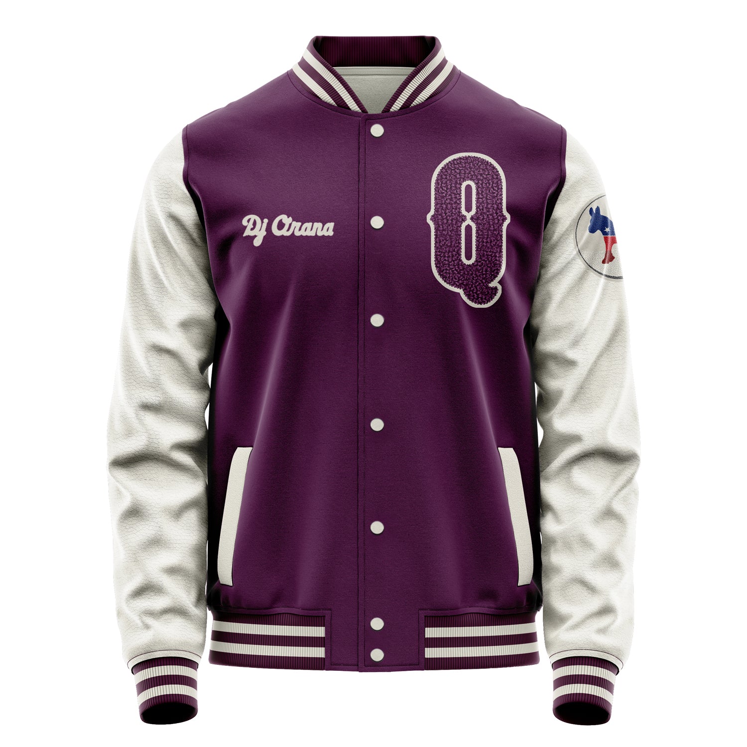 Custom Purple Varsity Jacket Patches Beige Leather Sleeves - Democrats Donkey