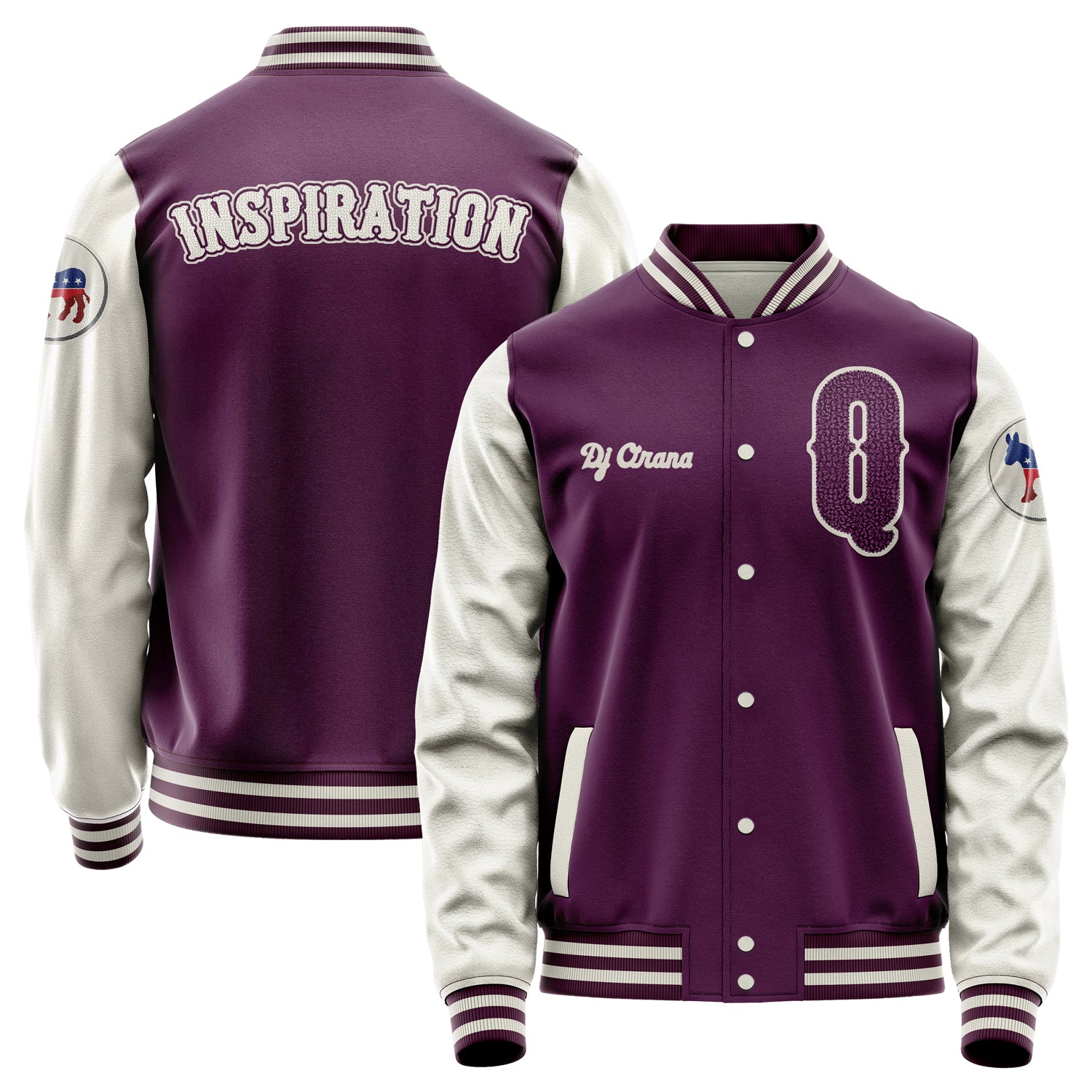 Custom Purple Varsity Jacket Patches Beige Leather Sleeves - Democrats Donkey