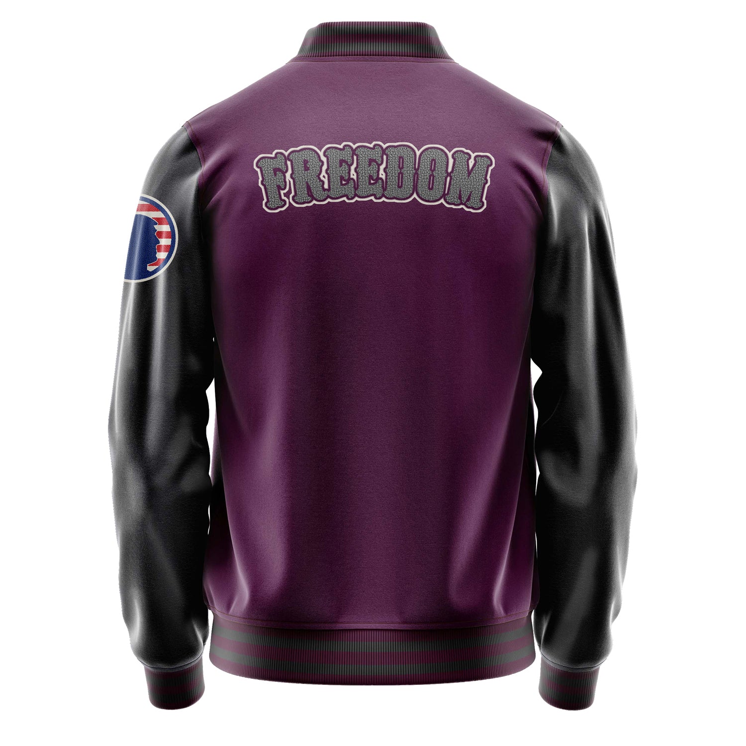 Custom Purple Varsity Jacket Patches Dark Gray Leather Sleeves - Silhouette badge