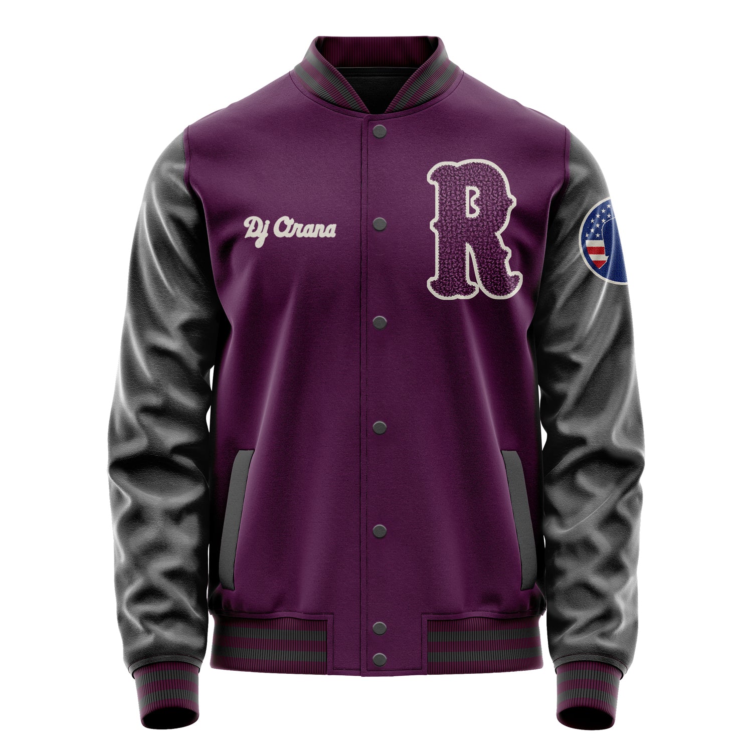 Custom Purple Varsity Jacket Patches Dark Gray Leather Sleeves - Silhouette badge