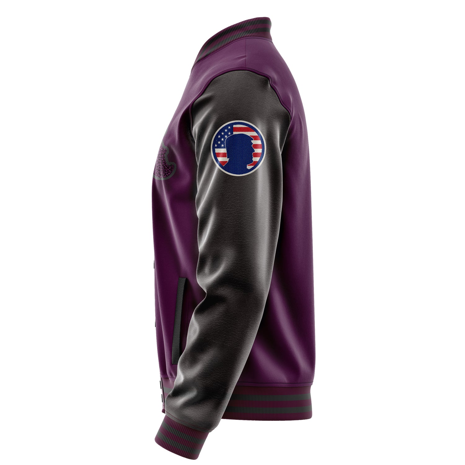 Custom Purple Varsity Jacket Patches Dark Gray Leather Sleeves - Silhouette badge