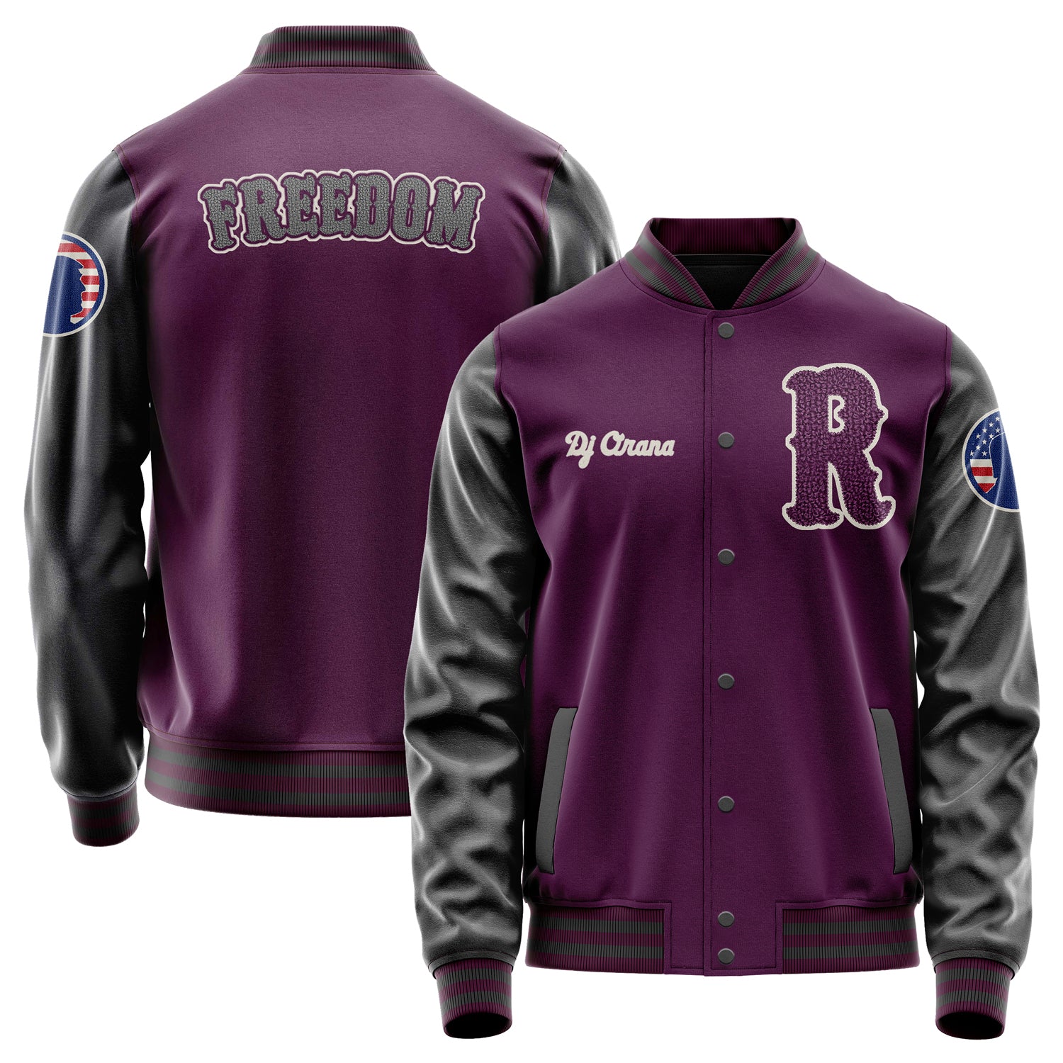 Custom Purple Varsity Jacket Patches Dark Gray Leather Sleeves - Silhouette badge