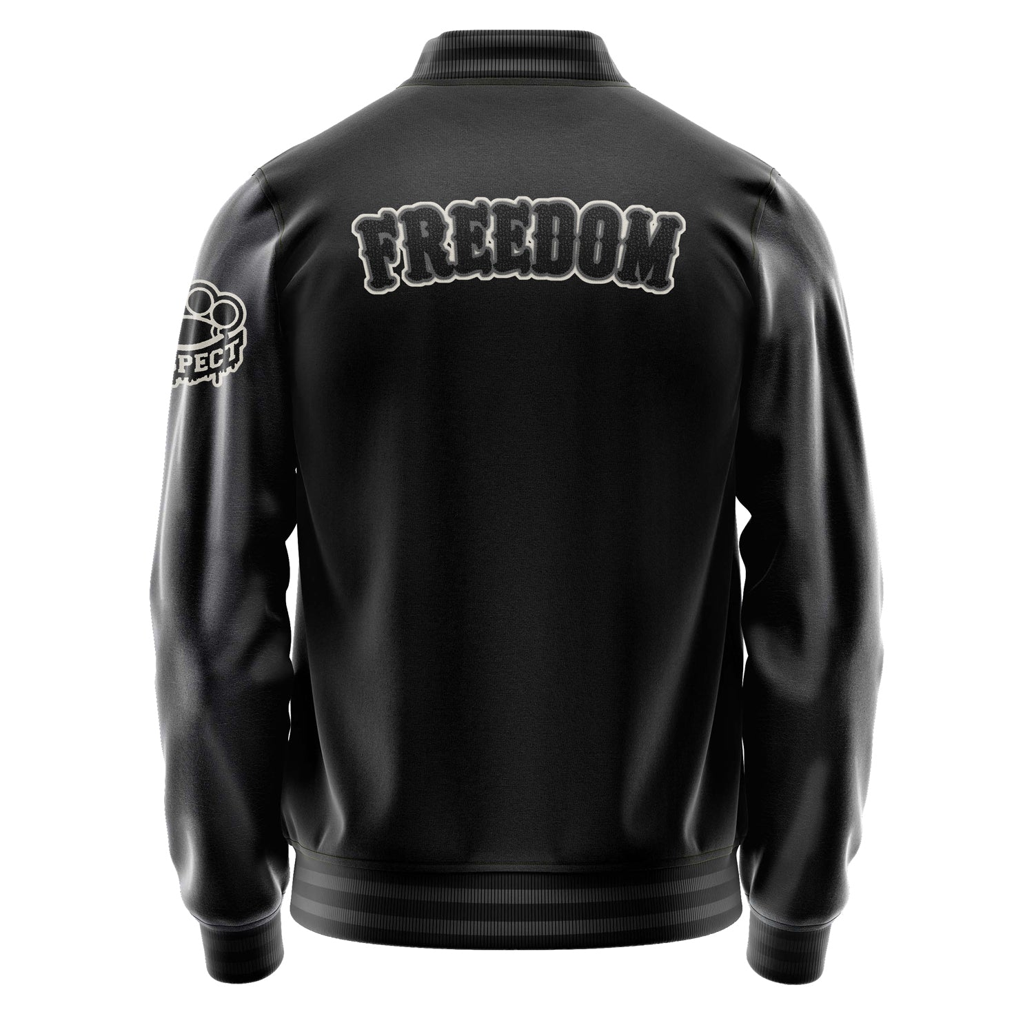 Custom Black Varsity Jacket Patches Dark Gray Leather Sleeves - Respect