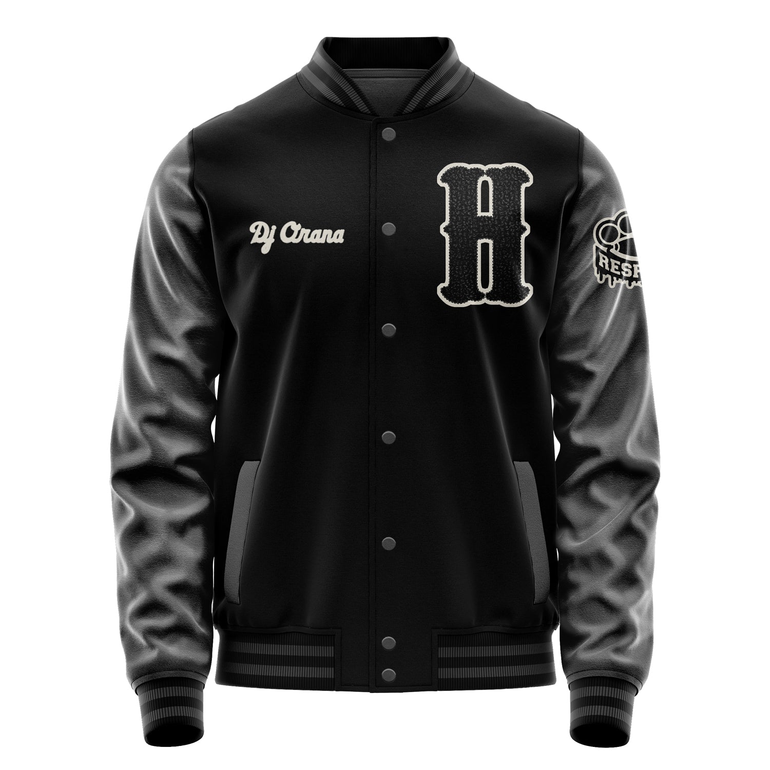 Custom Black Varsity Jacket Patches Dark Gray Leather Sleeves - Respect