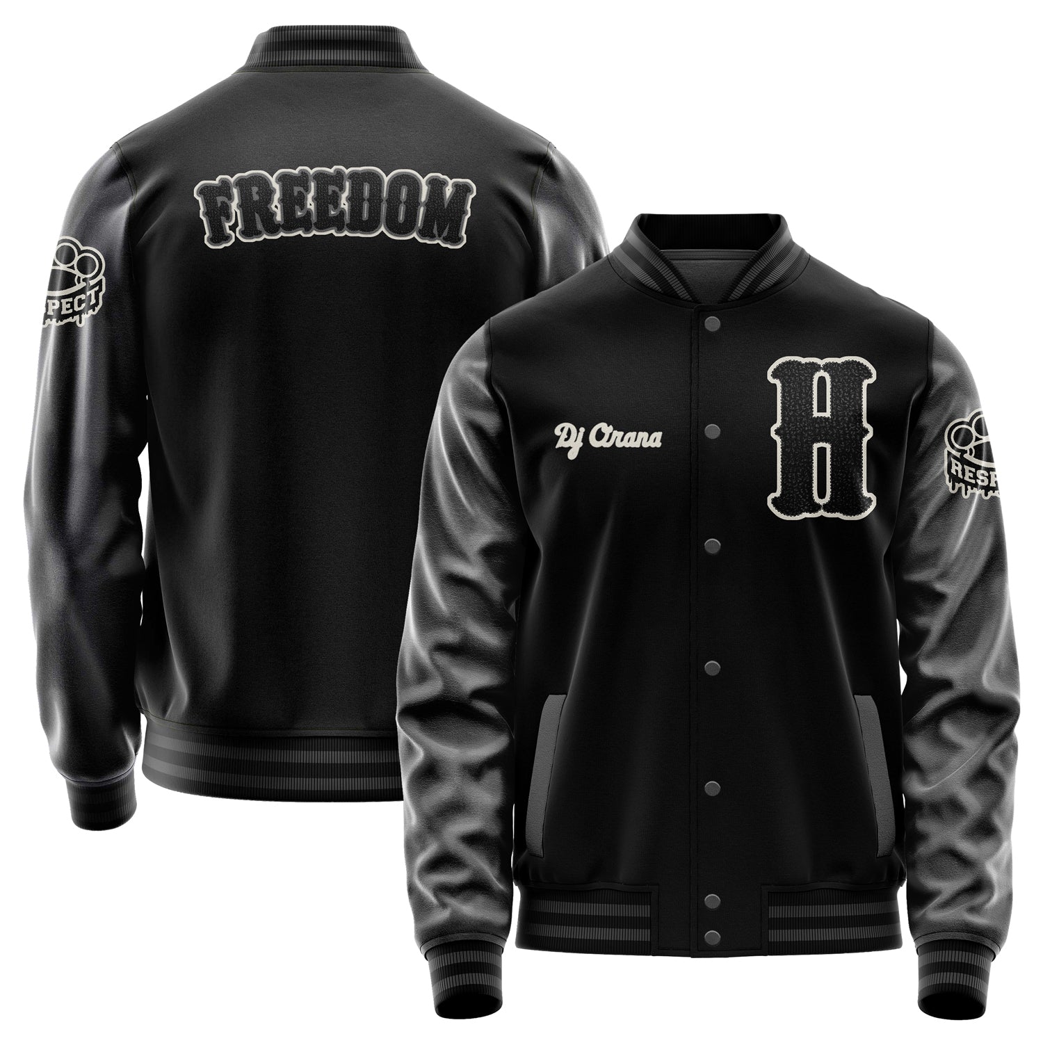 Custom Black Varsity Jacket Patches Dark Gray Leather Sleeves - Respect