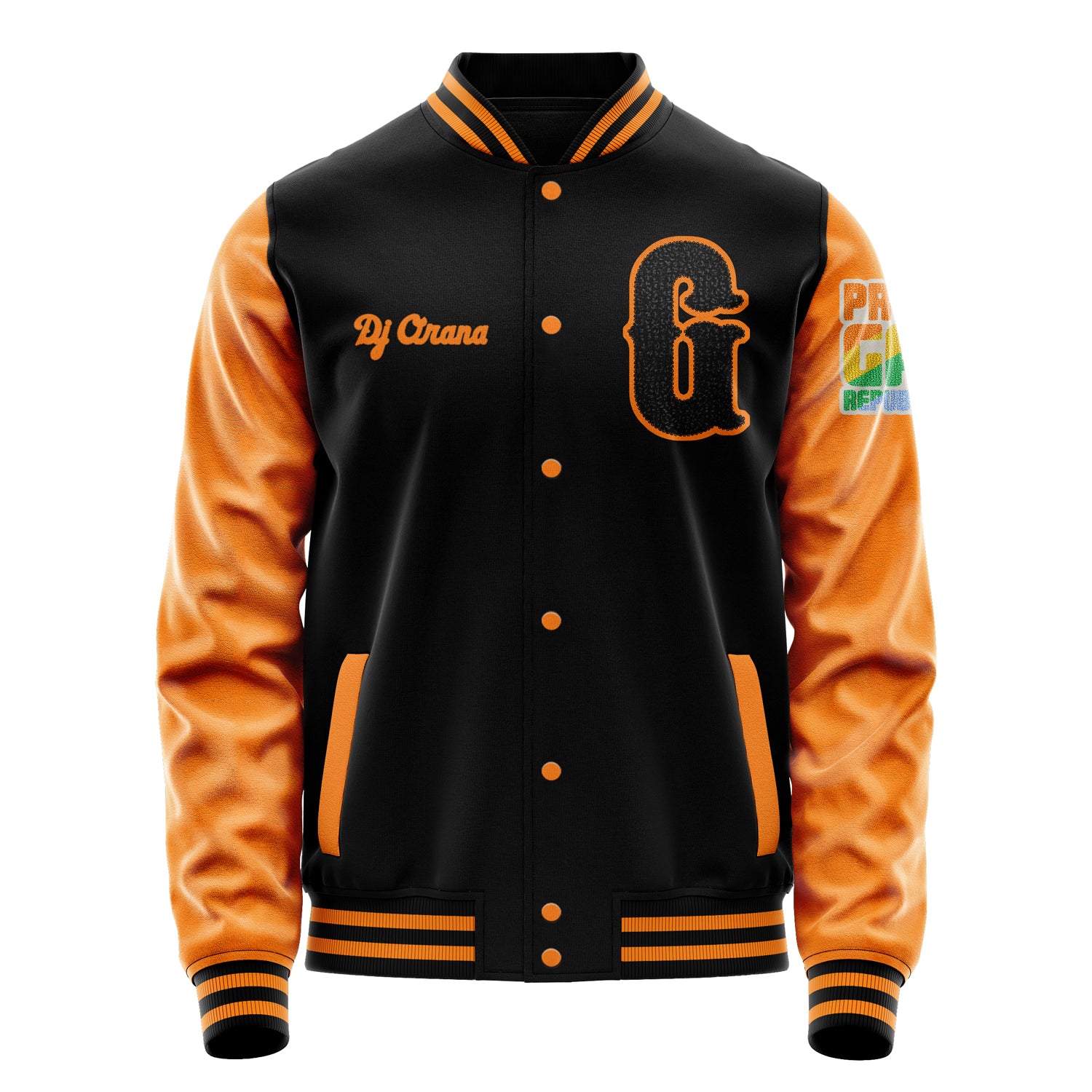 Custom Black Varsity Jacket Patches Orange Leather Sleeves - Proud Gay Republican