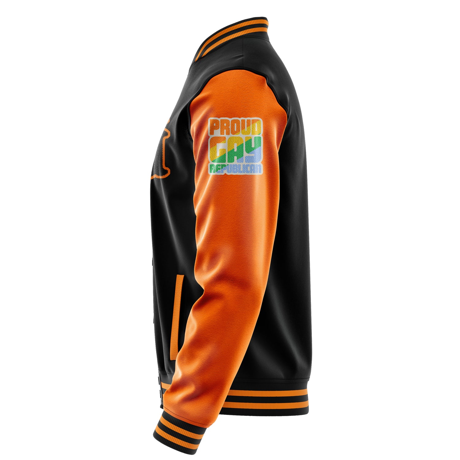 Custom Black Varsity Jacket Patches Orange Leather Sleeves - Proud Gay Republican