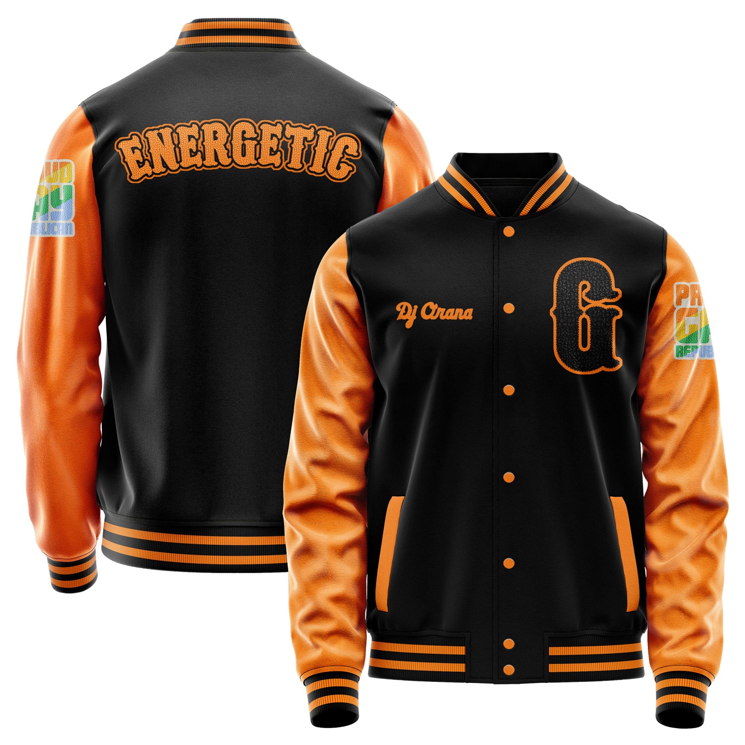 Custom Black Varsity Jacket Patches Orange Leather Sleeves - Proud Gay Republican