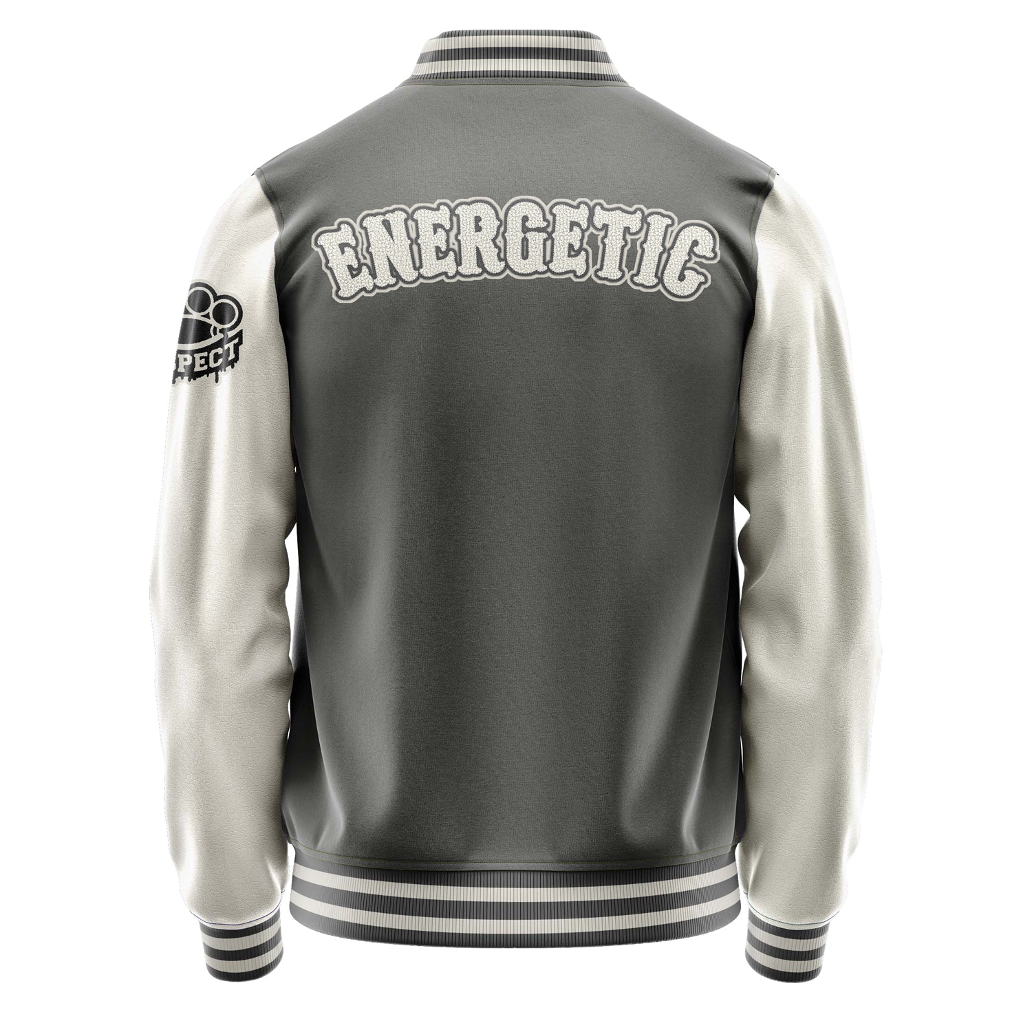 Custom Gray Varsity Jacket Patches Beige Leather Sleeves - Respect