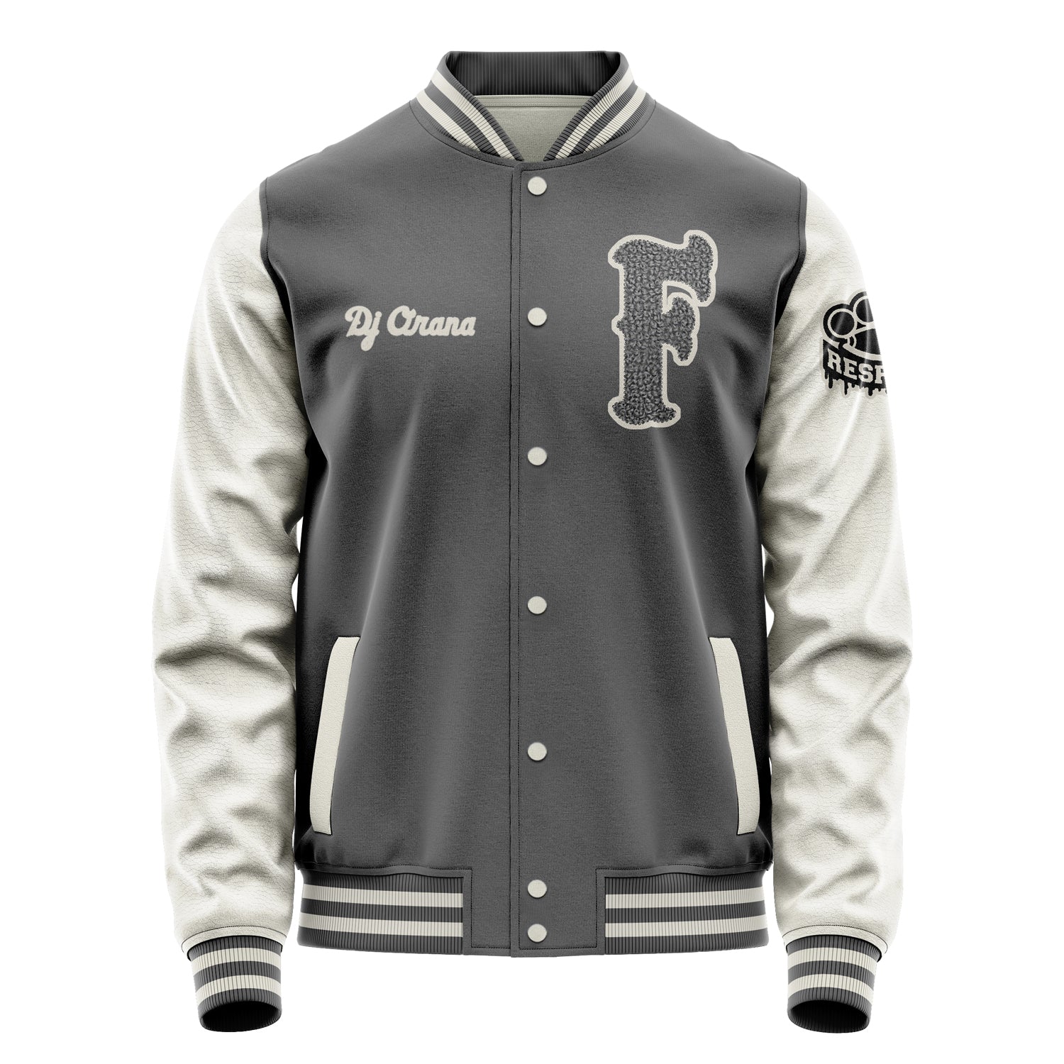 Custom Gray Varsity Jacket Patches Beige Leather Sleeves - Respect