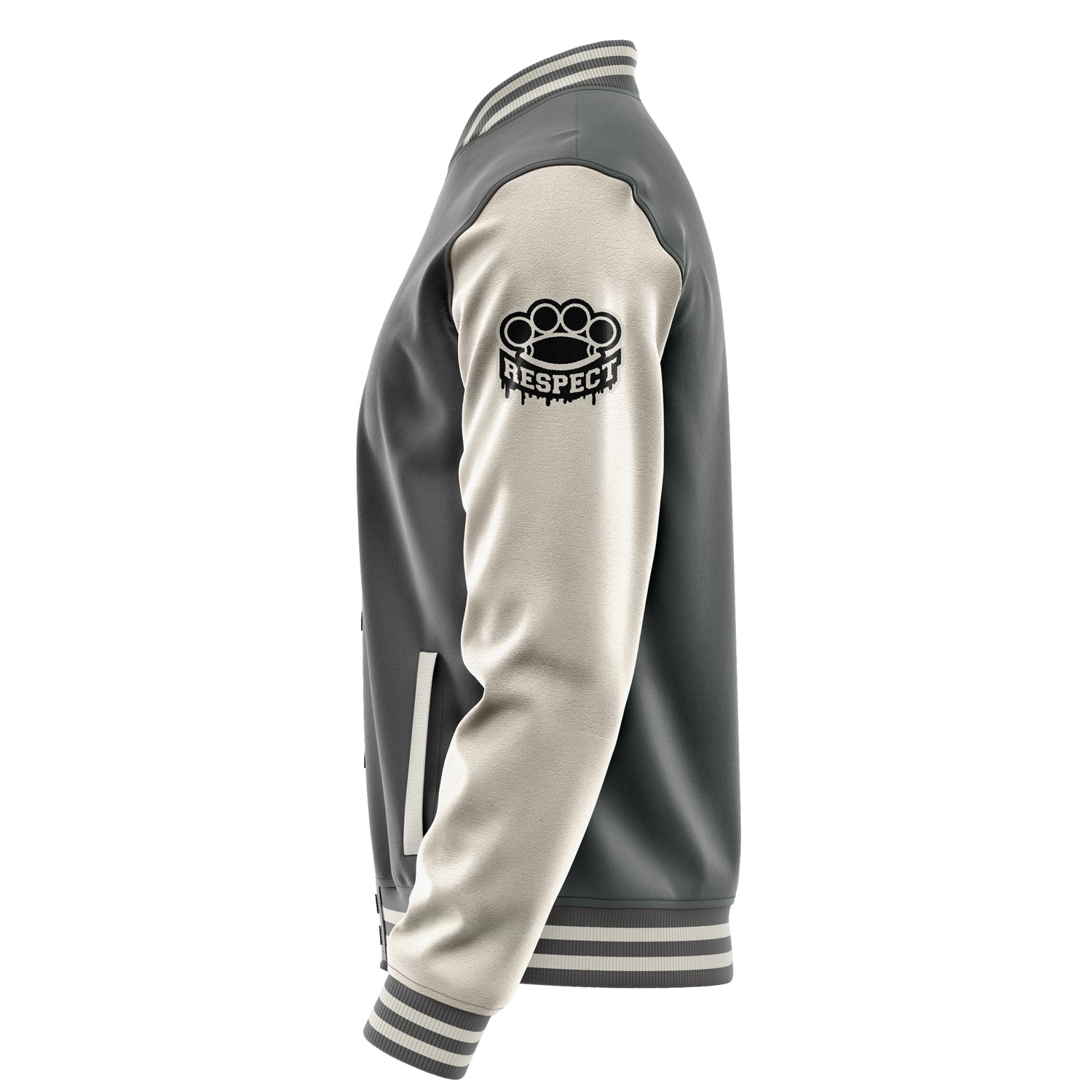 Custom Gray Varsity Jacket Patches Beige Leather Sleeves - Respect
