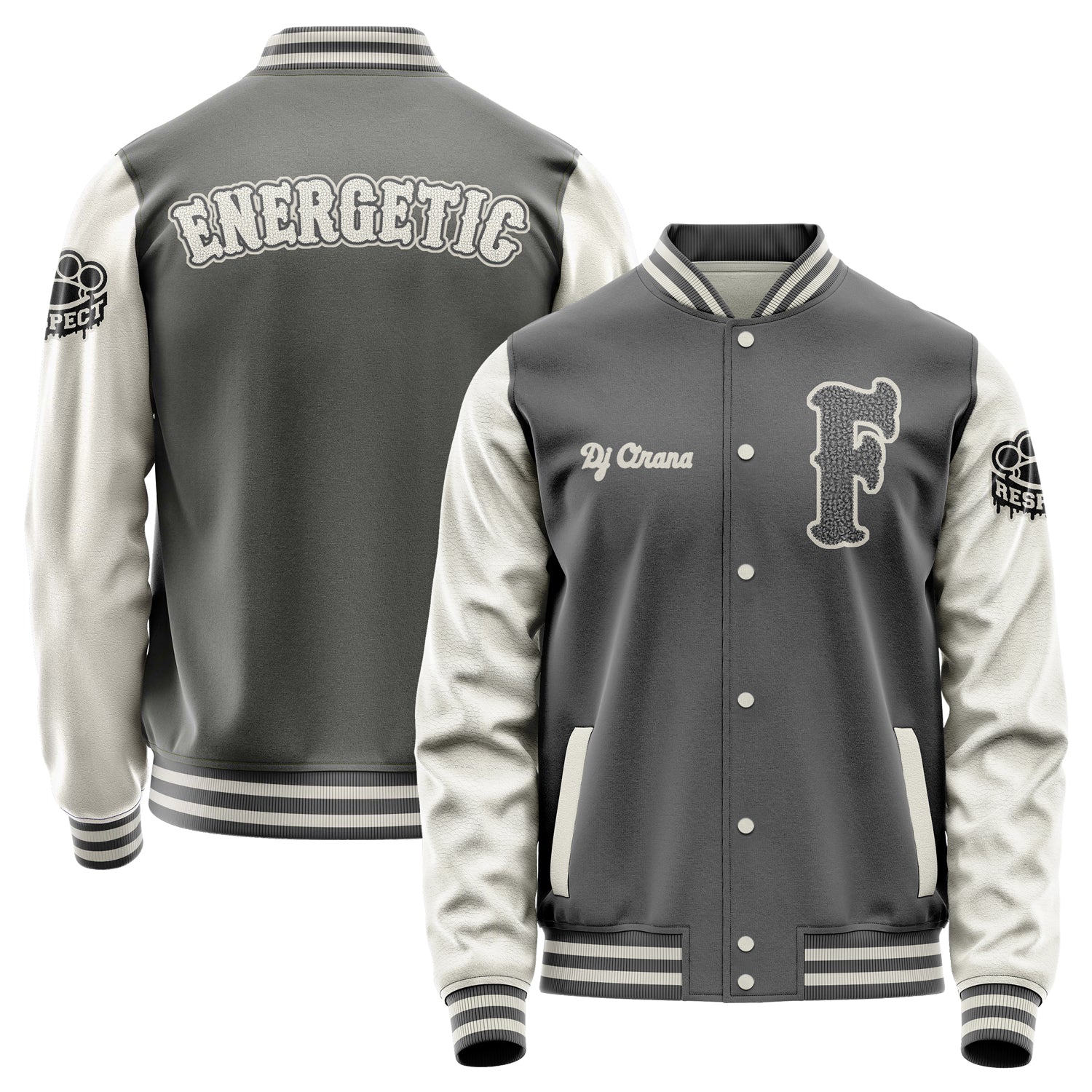 Custom Gray Varsity Jacket Patches Beige Leather Sleeves - Respect