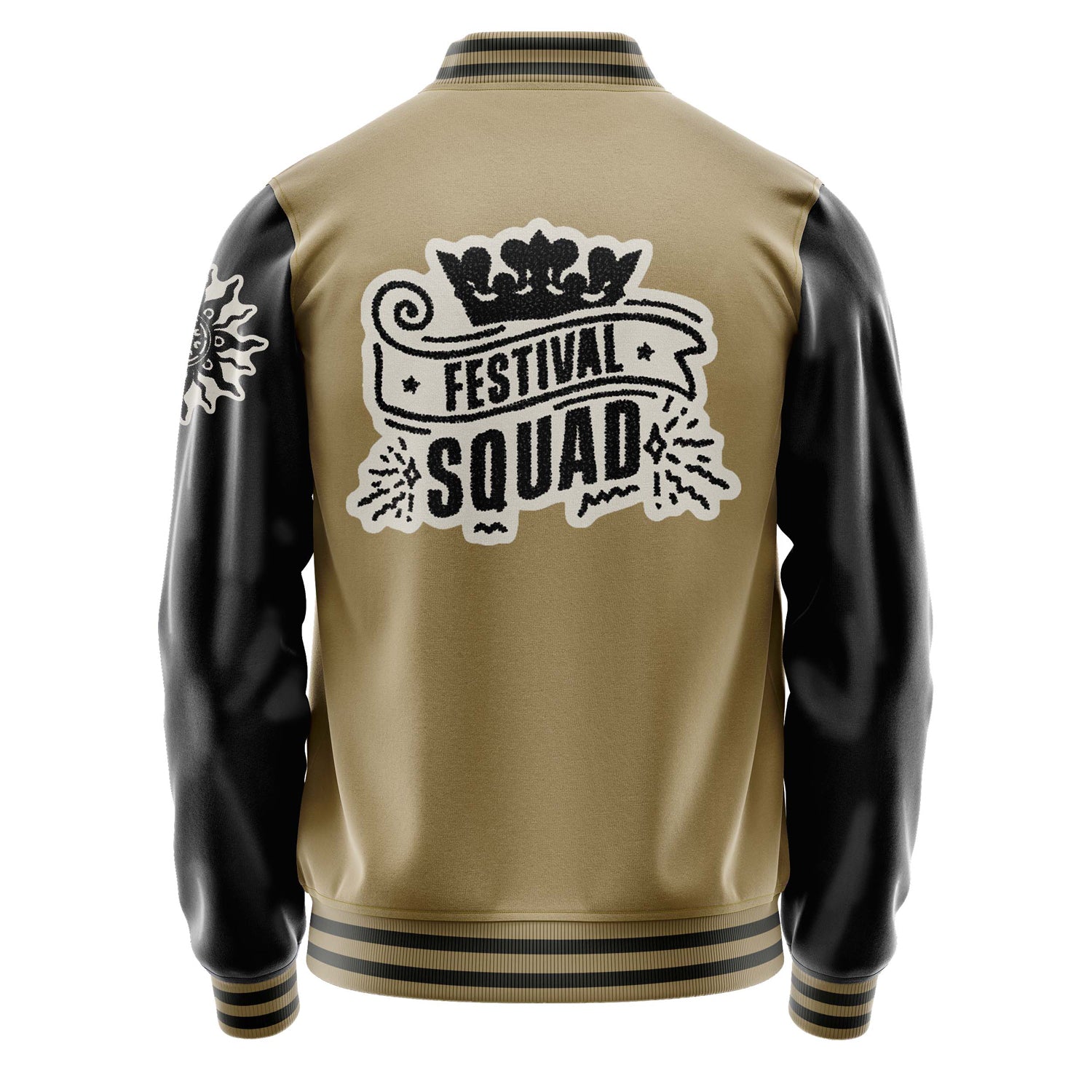 Custom Camel Varsity Jacket Patches Black Leather Sleeves - Festival Squad