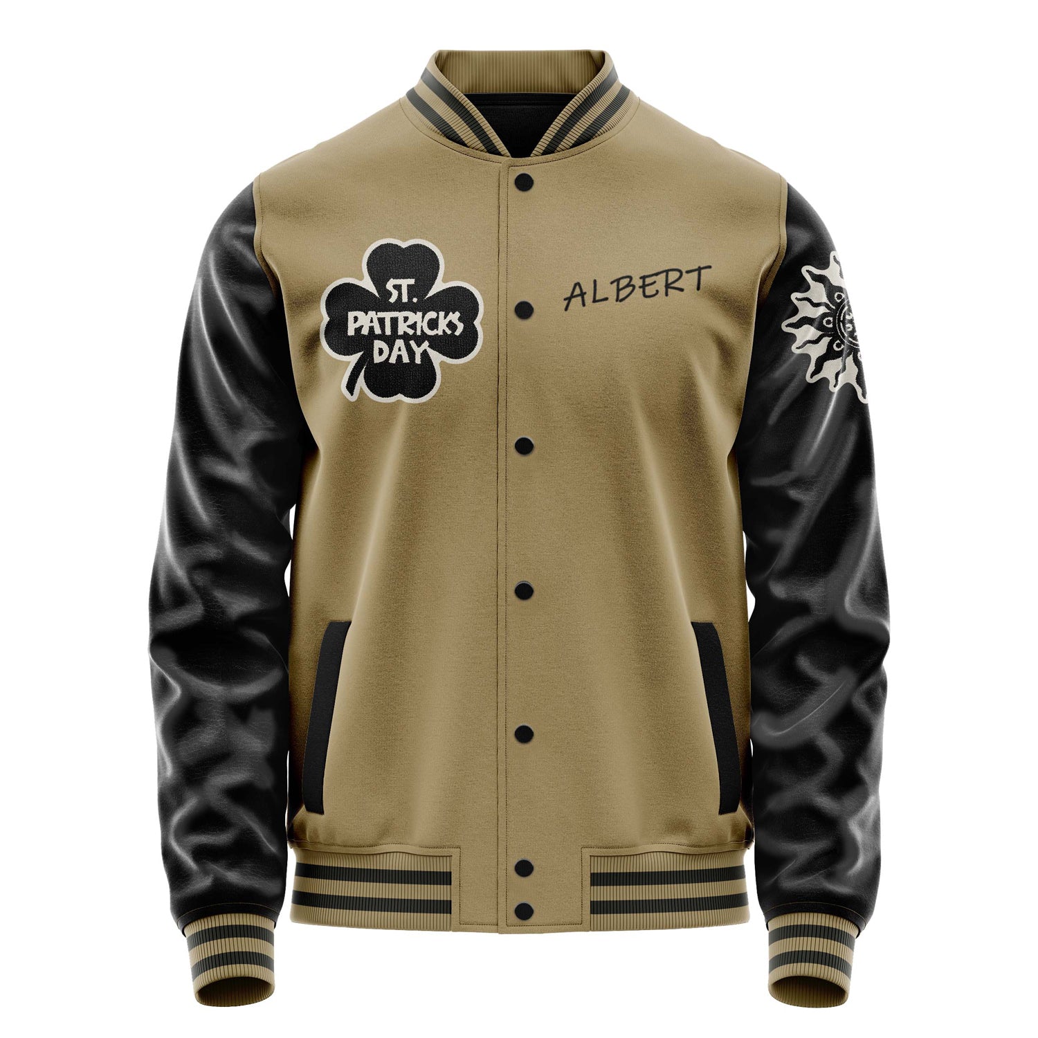 Custom Camel Varsity Jacket Patches Black Leather Sleeves - Festival Squad