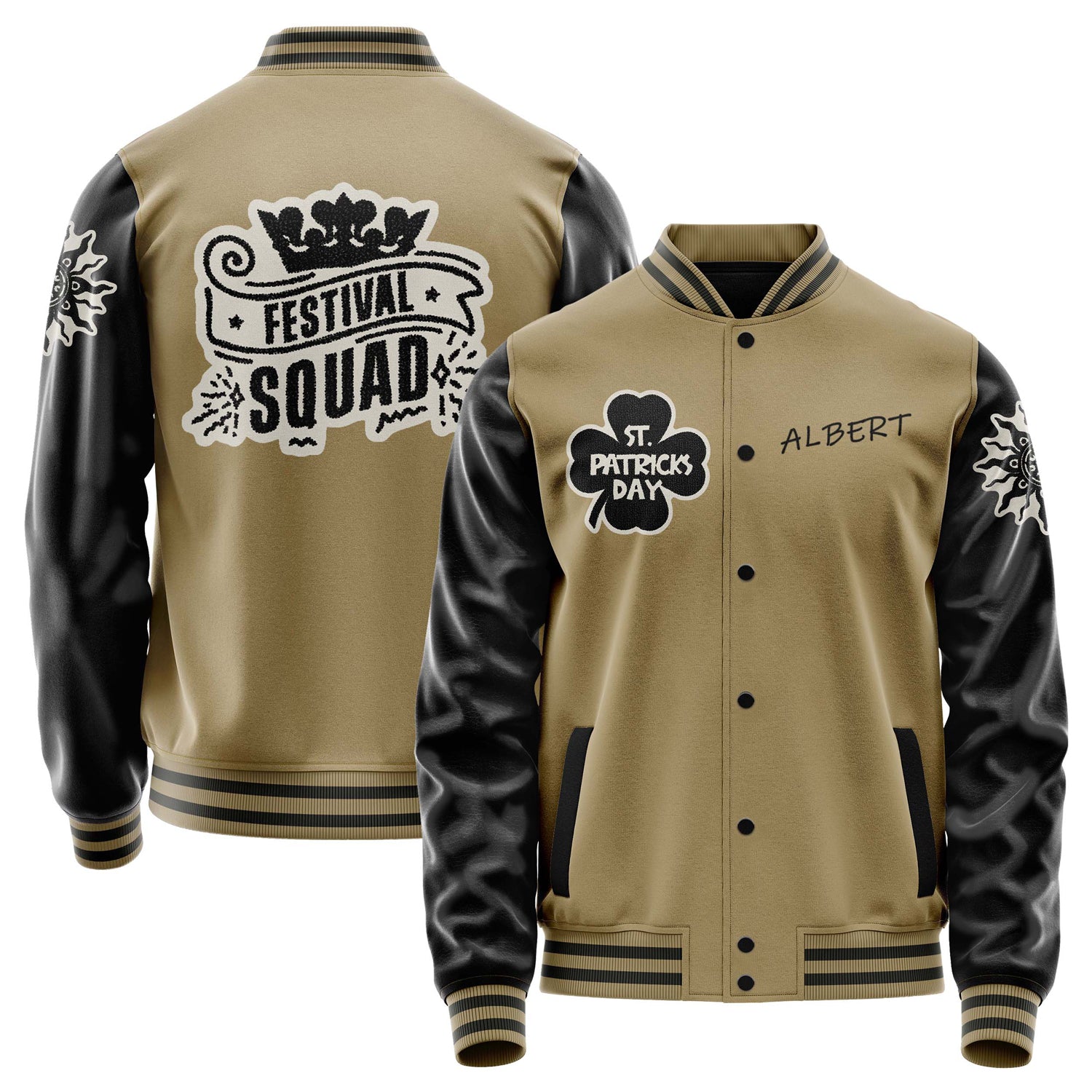 Custom Camel Varsity Jacket Patches Black Leather Sleeves - Festival Squad