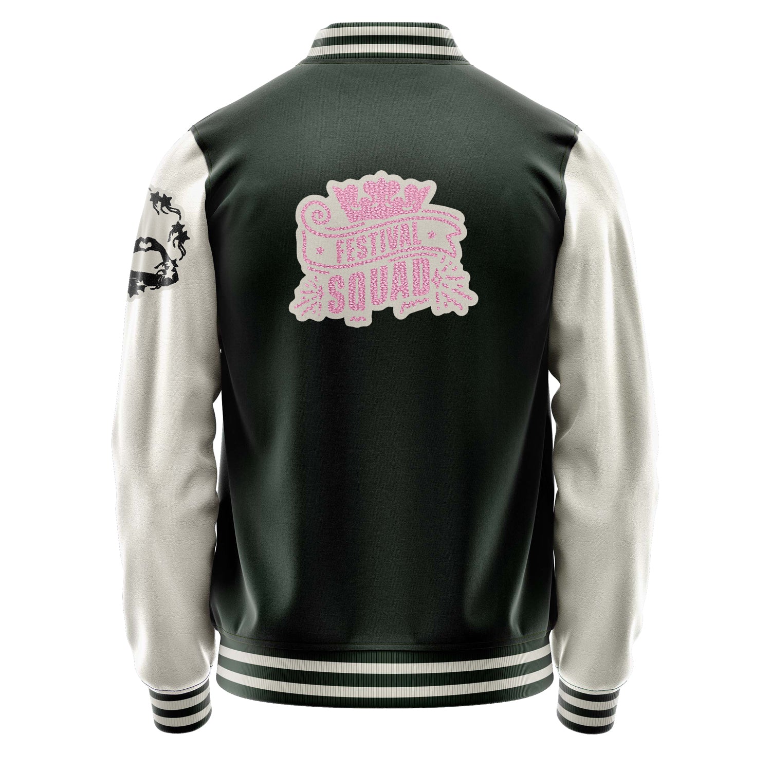 Custom Dark Green Varsity Jacket Patches Beige Leather Sleeves - Festival Squad