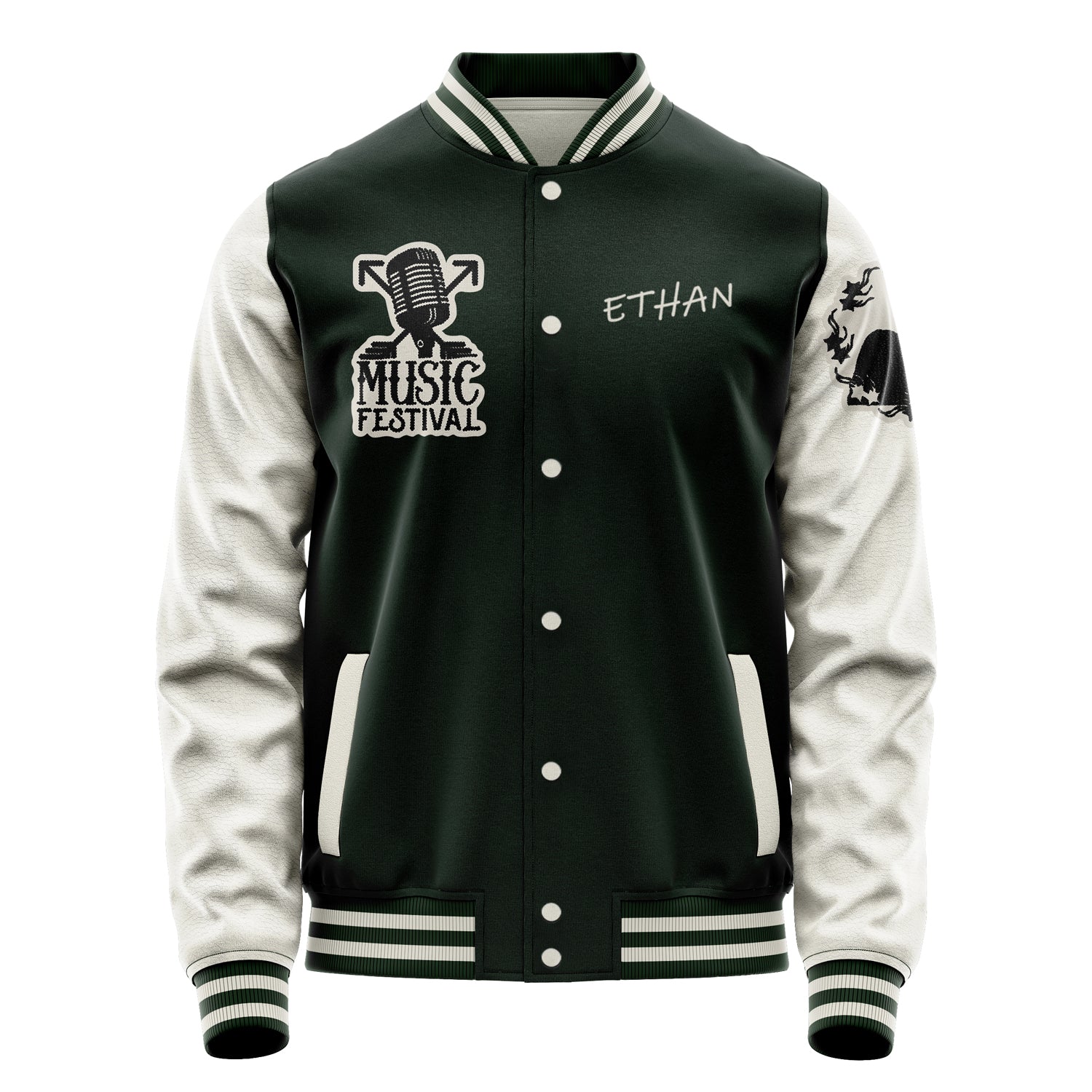 Custom Dark Green Varsity Jacket Patches Beige Leather Sleeves - Festival Squad