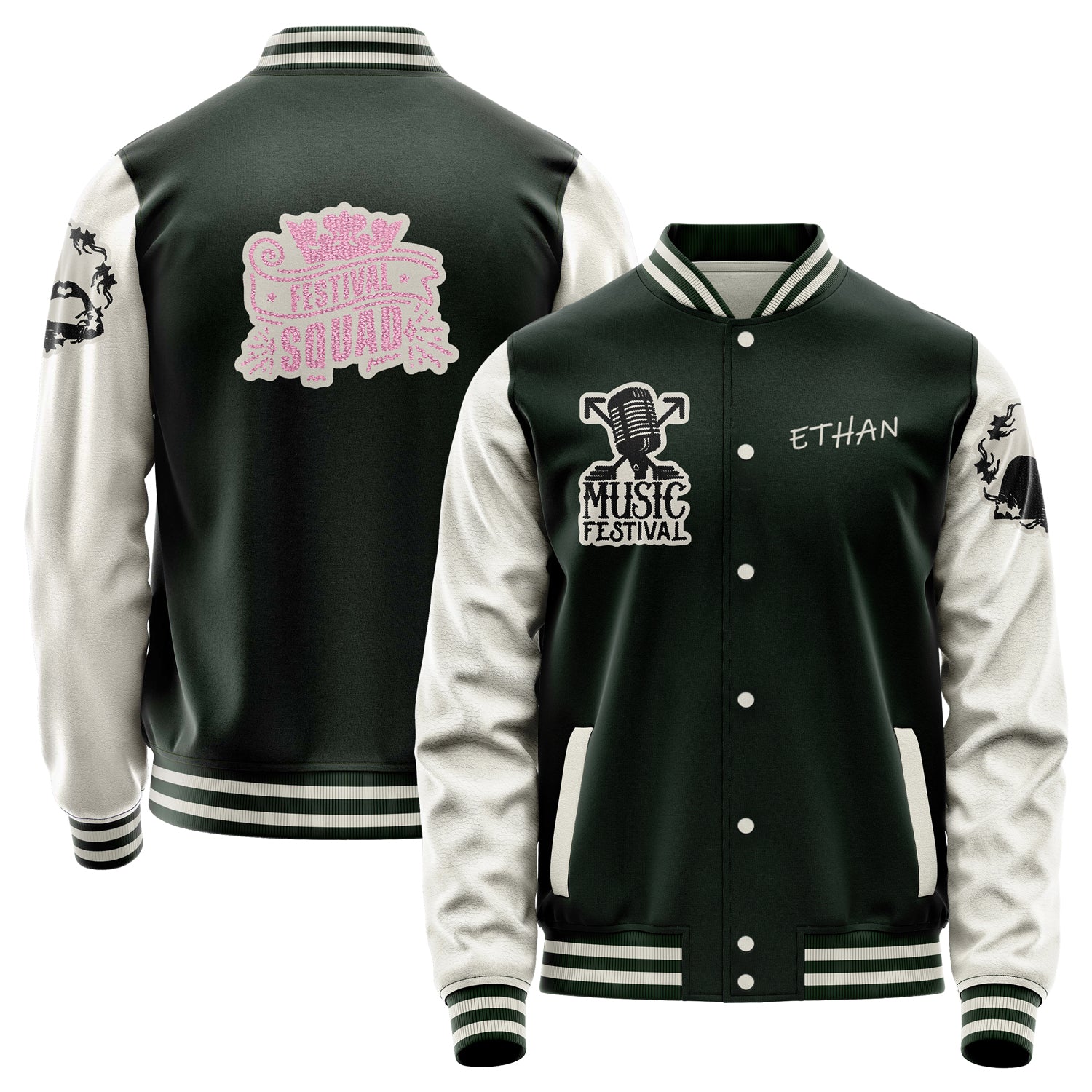 Custom Dark Green Varsity Jacket Patches Beige Leather Sleeves - Festival Squad