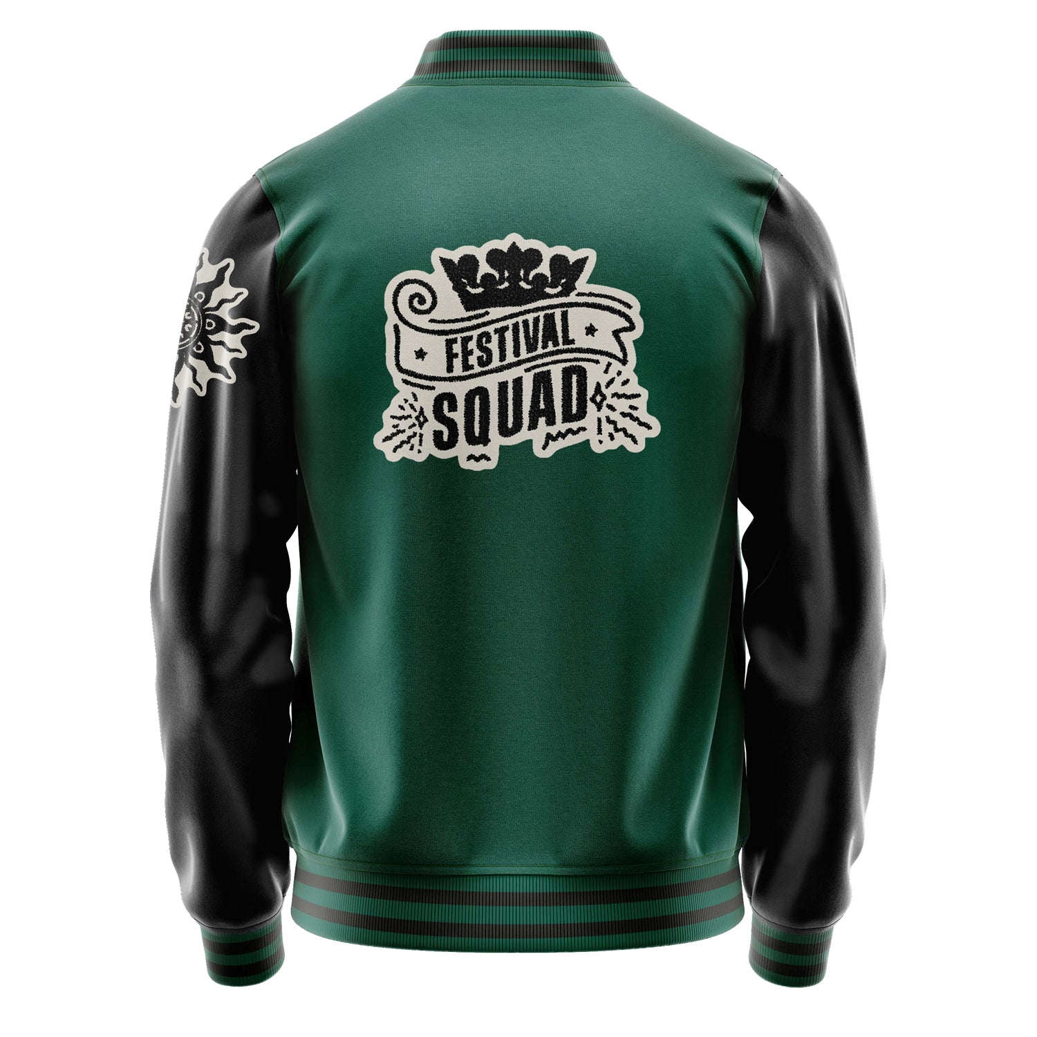 Custom Green Varsity Jacket Patches Black Leather Sleeves - Festival Squad