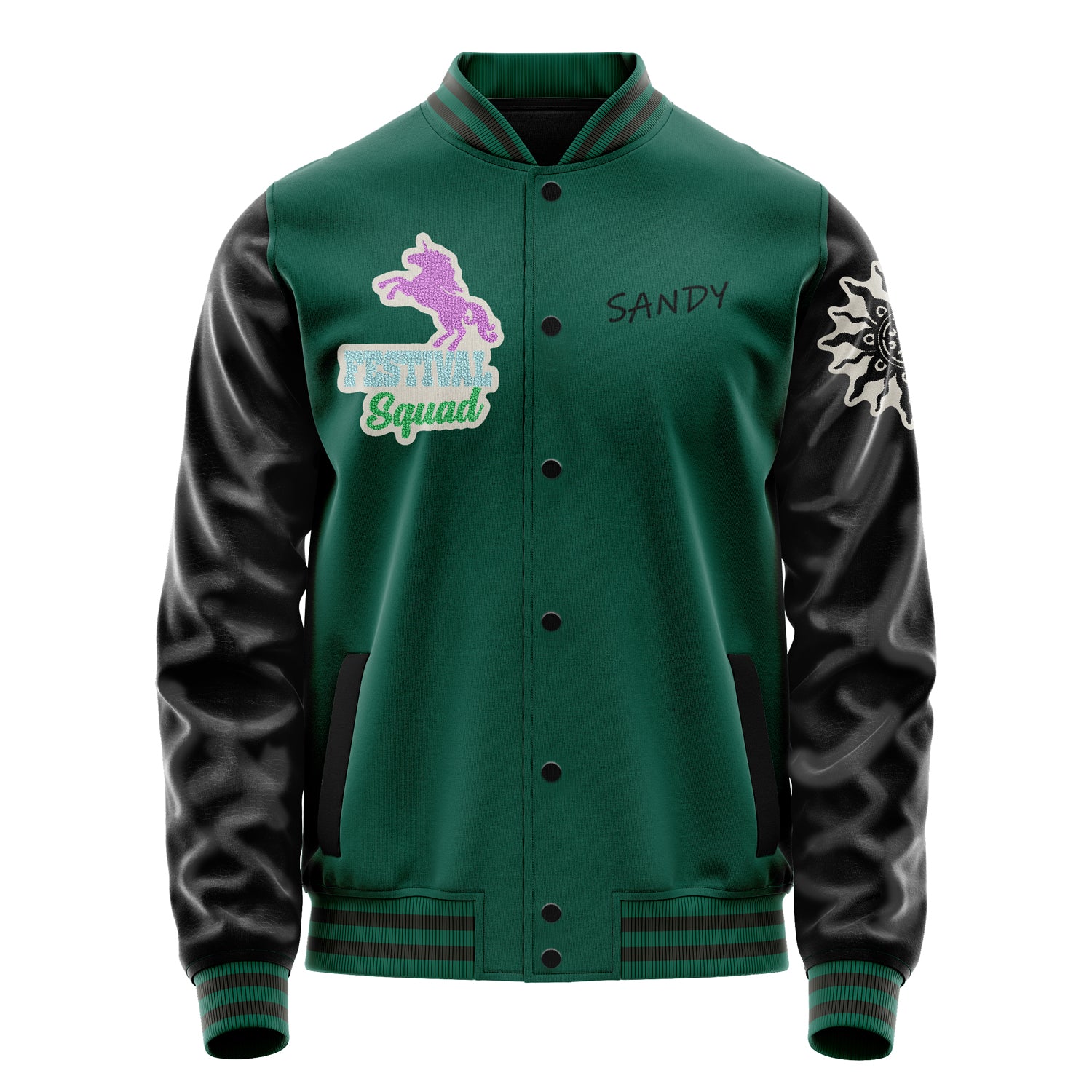 Custom Green Varsity Jacket Patches Black Leather Sleeves - Festival Squad