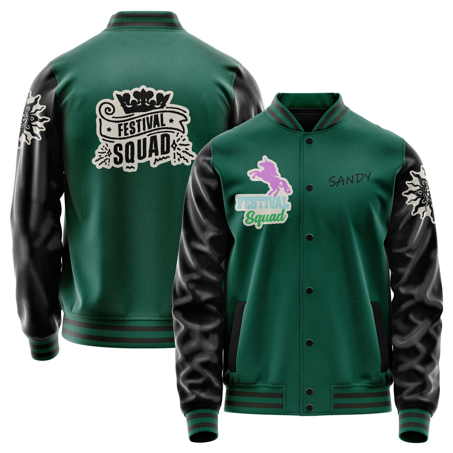 Custom Green Varsity Jacket Patches Black Leather Sleeves - Festival Squad