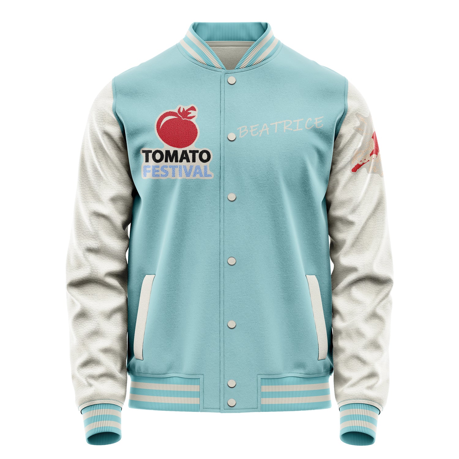 Custom Light Blue Varsity Jacket Patches Beige Leather Sleeves - Tomato Festival