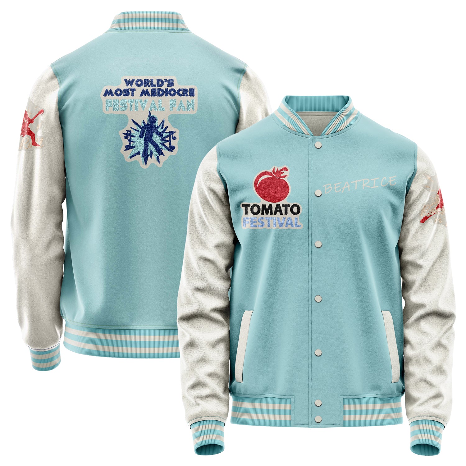 Custom Light Blue Varsity Jacket Patches Beige Leather Sleeves - Tomato Festival