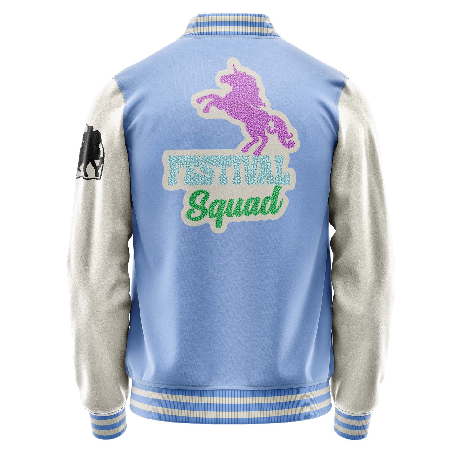 Custom Sky Blue Varsity Jacket Patches Beige Leather Sleeves - Festival Fun