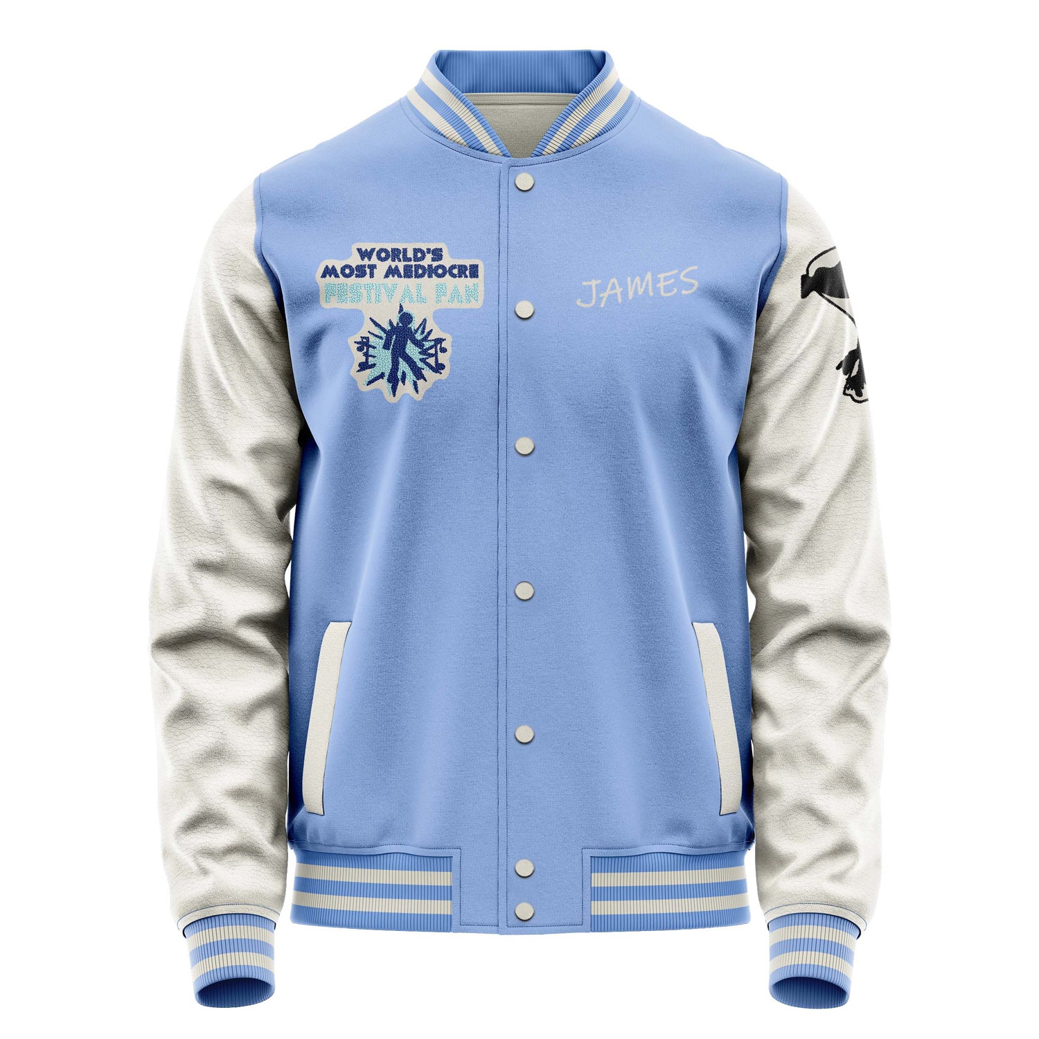 Custom Sky Blue Varsity Jacket Patches Beige Leather Sleeves - Festival Fun