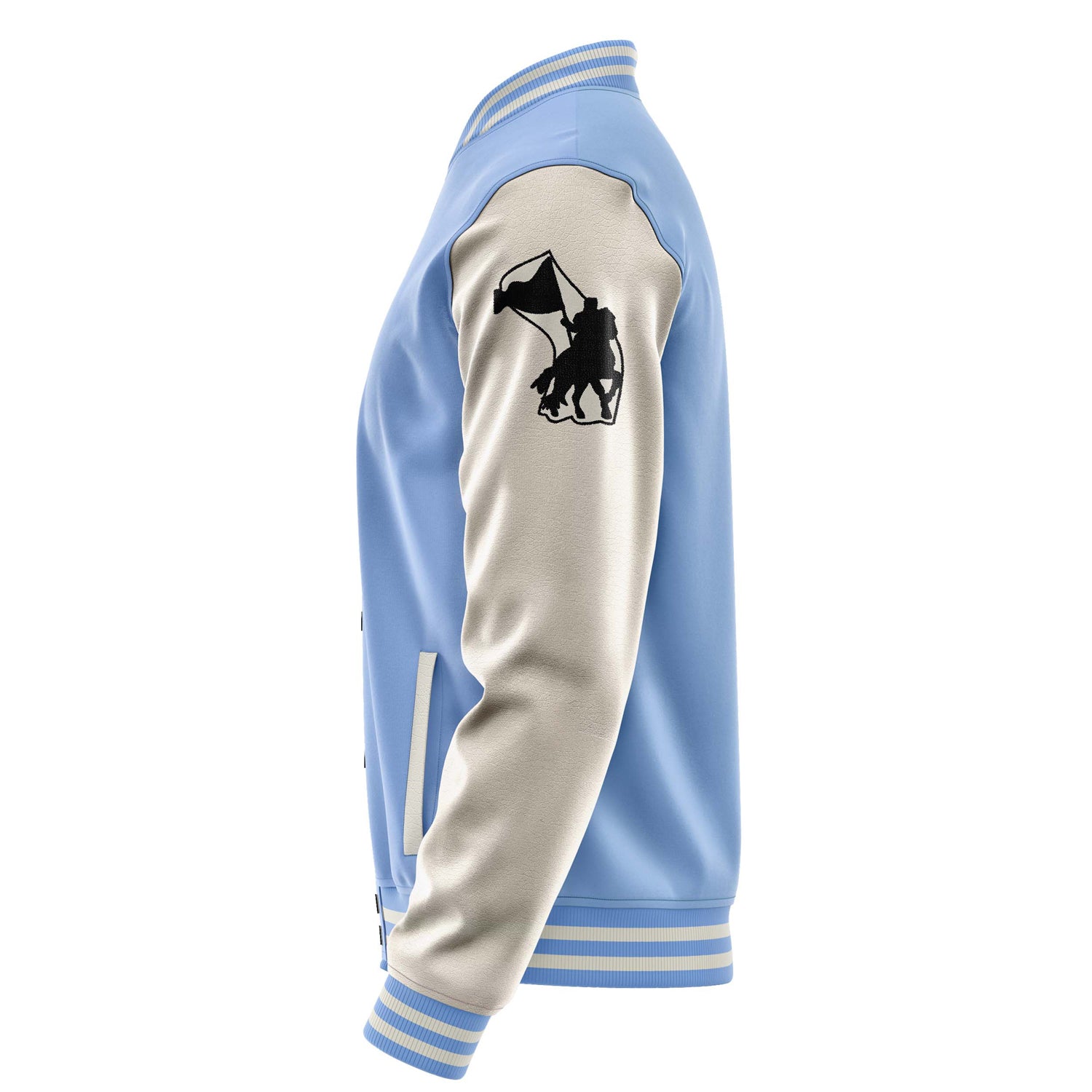 Custom Sky Blue Varsity Jacket Patches Beige Leather Sleeves - Festival Fun