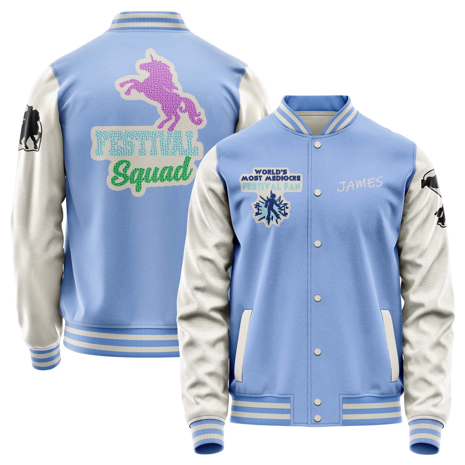 Custom Sky Blue Varsity Jacket Patches Beige Leather Sleeves - Festival Fun